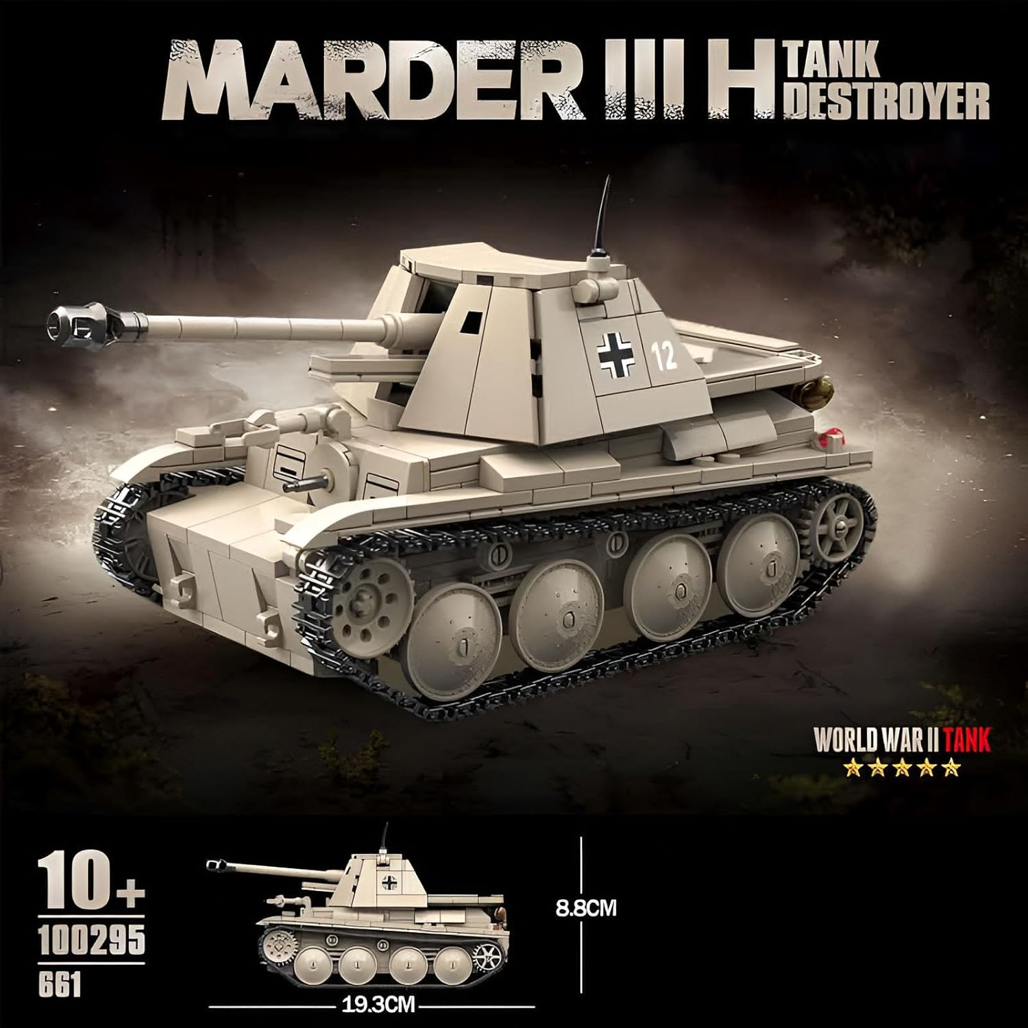 Fuleying Military Building Blocks Kit, Marten III H Tank Destroyer Clamping Blocks, 661 Pieces WW2 German Army Armoured Tank Vehicle Model Toy for Adults Children from 10 Years