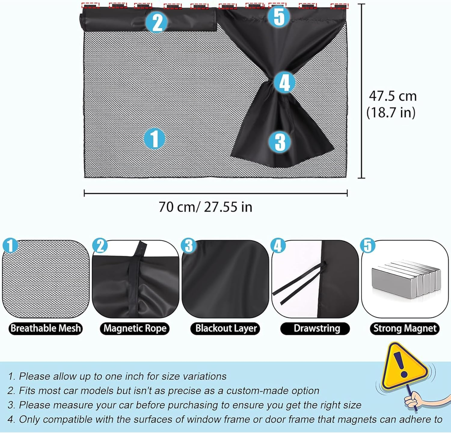 2 Pack Magnetic Car Window Shades - 28X18.7 Inch Dual Layer Sunshade,Universal Blackout & See-Through for Baby/Kid/Pet Protection (10 Strong Magnets,Side/Rear Window) image number 6