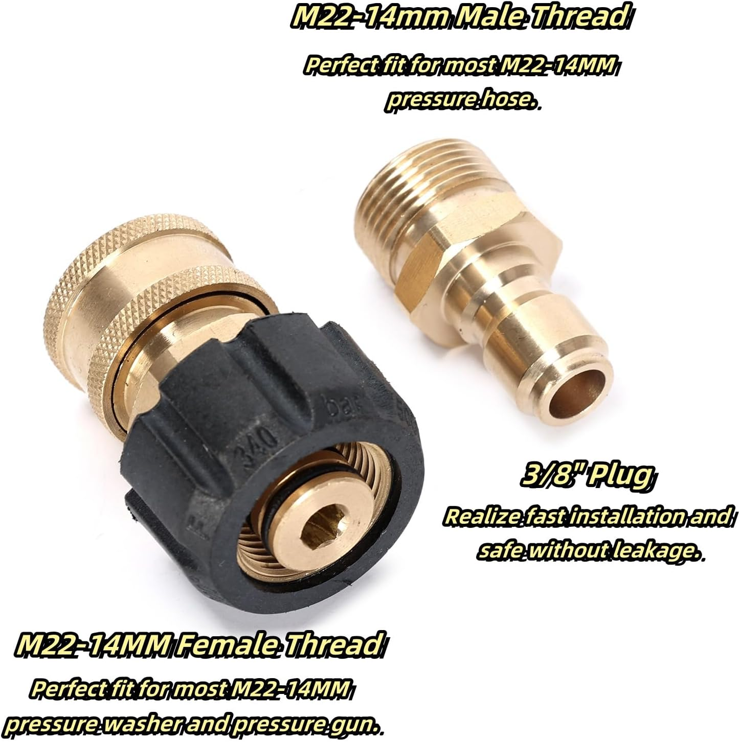 Ruimou 2PCS High Pressure Washer Adapter Set (M22-14Mm Inner Diameter to 3/8 Female Head+M22-14Mm Inner Diameter to 3/8 Male Head) for Connecting Universal Guns, Hoses, and Pumps, 5000PSI image number 1
