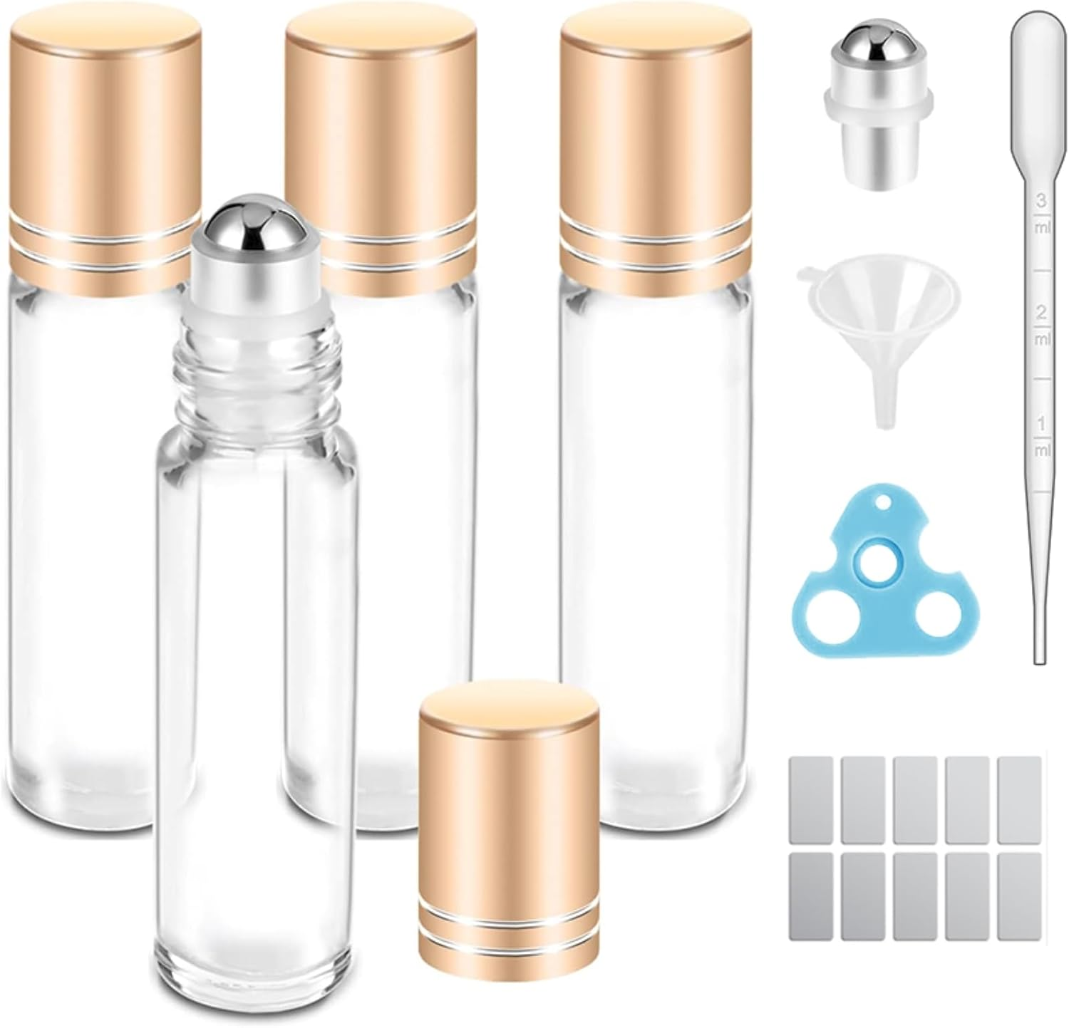 JOWILIN Essential Oil Roller Bottles, 4 Pcs 10Ml Glass Perfume Bottles with Opener, Pipette, Funnel, Labels, Travel Refillable Roll on Empty Bottles Set, Reusable Bottle with Gold Cap (Amber)