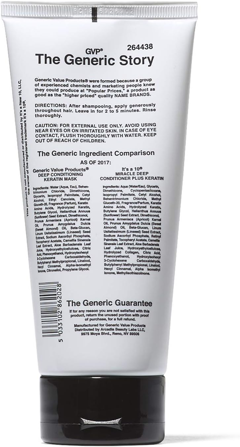 Generic Value Products Deep Conditioning Mask plus Keratin, Adds Shine, Protects Hair Color, Helps Prevent Heat Damage, Detangles, 6 Oz