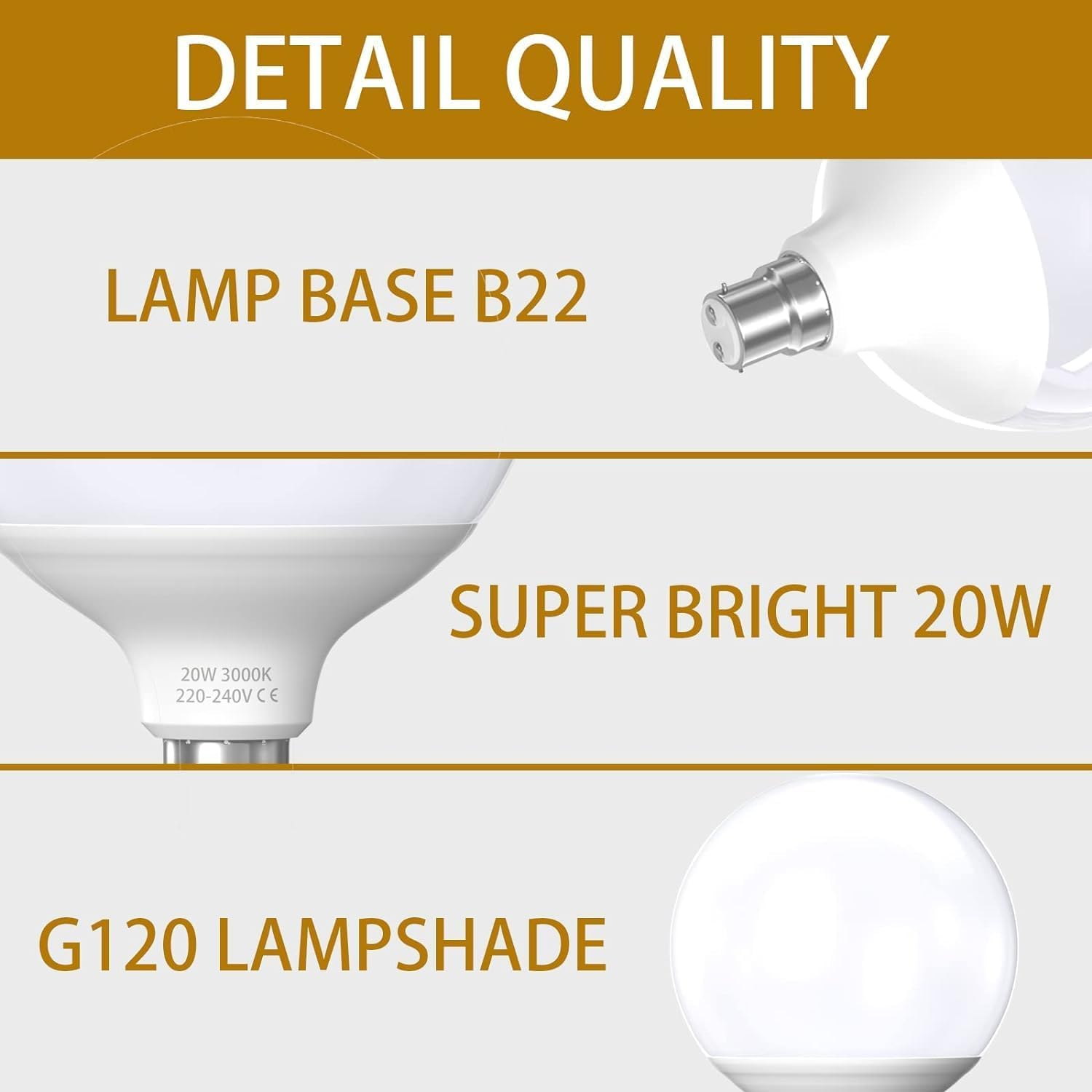 Bonlux 20W B22 LED Bayonet Light Bulb, G120 Globe LED Light Bulb, Equivalent of 200W Halogen Bulb, Energy Efficient, Long Lifespan, AC220-240V Warm White 3000K (Non-Dimmable, Pack of 1) image number 3