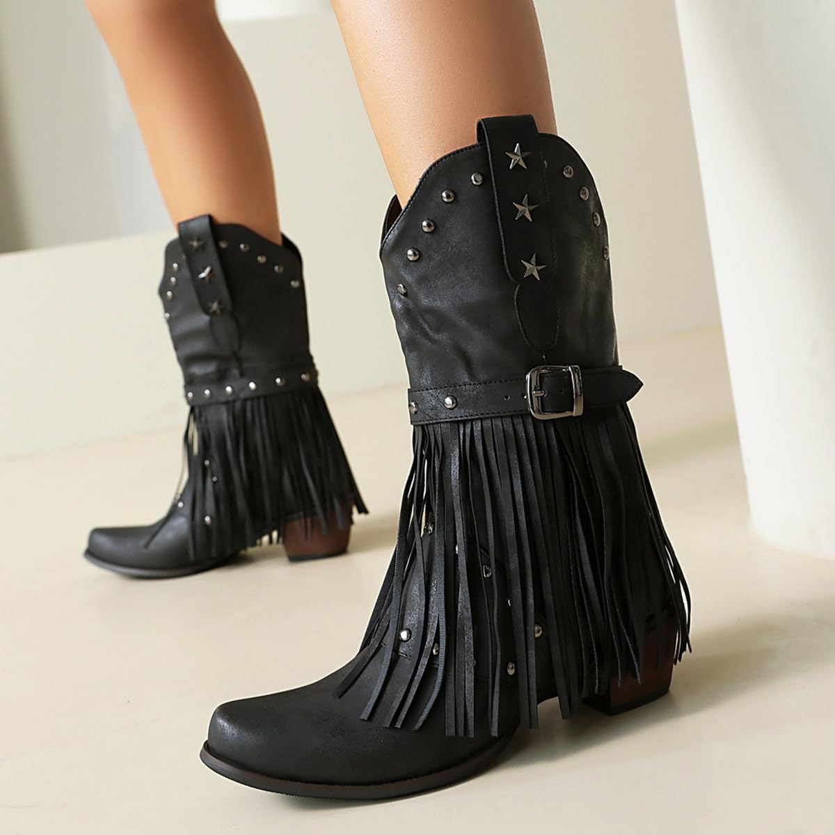 Women'S Fringe Cowboy Boots Mid Calf Cowgirl Boots with Studded Pointed Toe and Chunky Heel Western Tassel Riding Boot image number 5