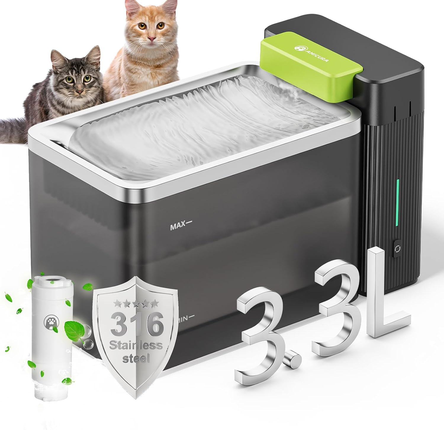 Amicura A3 Lite Drinking Fountain for Cats with Ultra Filtration - 3.3 L Large Tank, SUS316 Stainless Steel Drinking Bowl, Quiet (&le;25 Db), 100% Waterproof and Power-Safe for Clean Drinking Water image number 2
