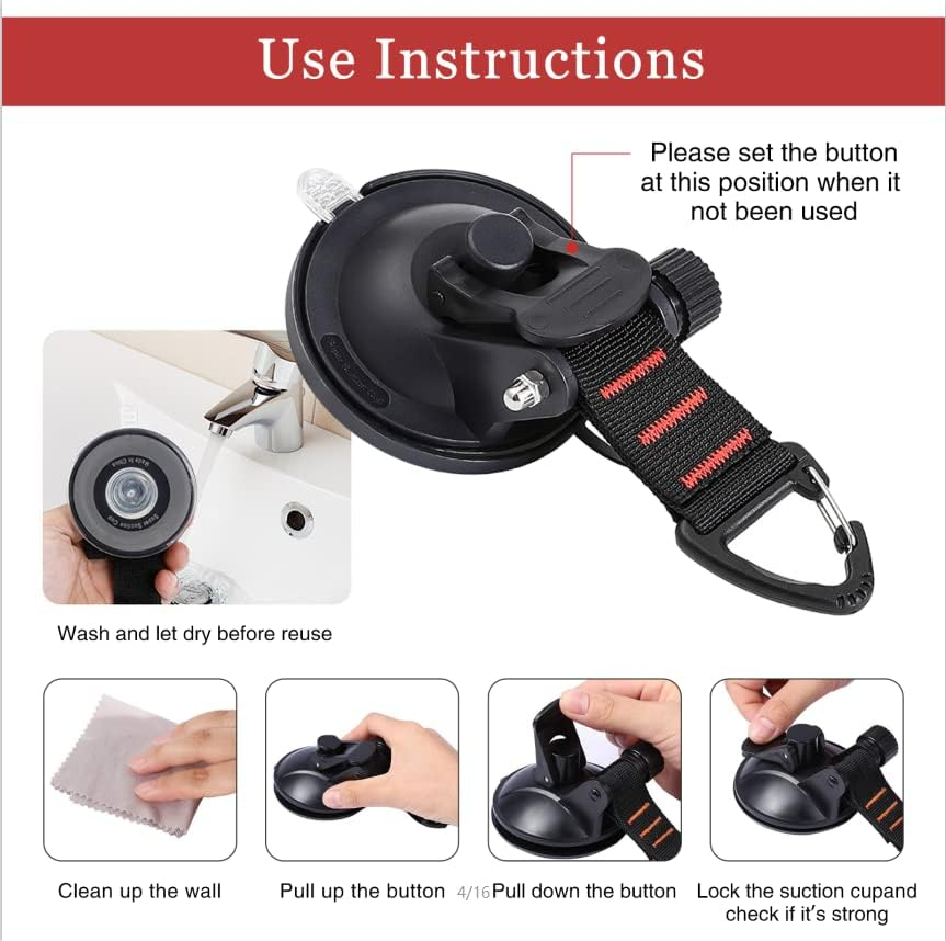 INMORVEN Heavy Duty Suction Cup Hooks，Camper Accessories 4 Pieces Car Camping Essentials with Rotatable Hooks Tie down with Viscous Silicone Strong Power for Car Awning Boat Accessory.(Red Line) image number 3