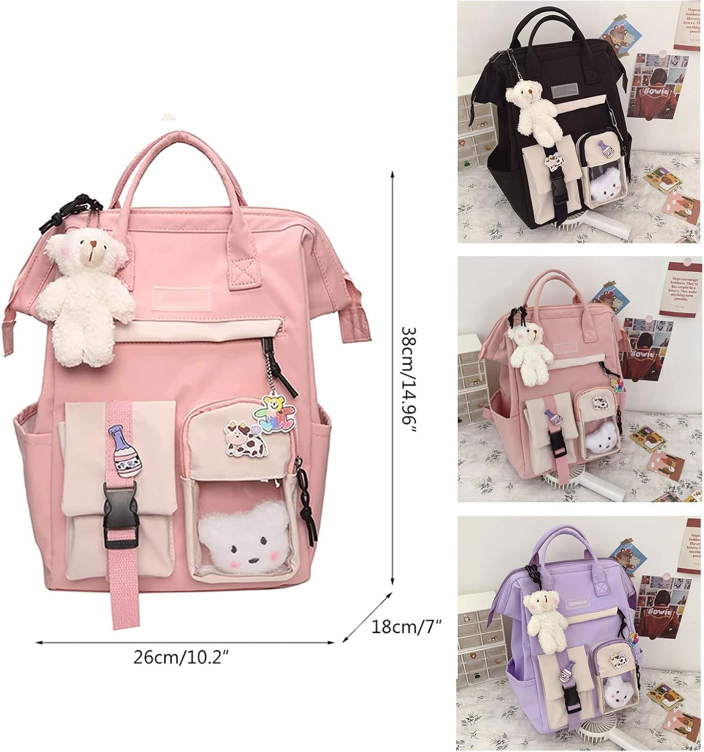 Eagerrich Cute Backpack with Cute Pin Accessories Plush Pendant for School Bag Student Girl Backpack - Black 1 image number 7