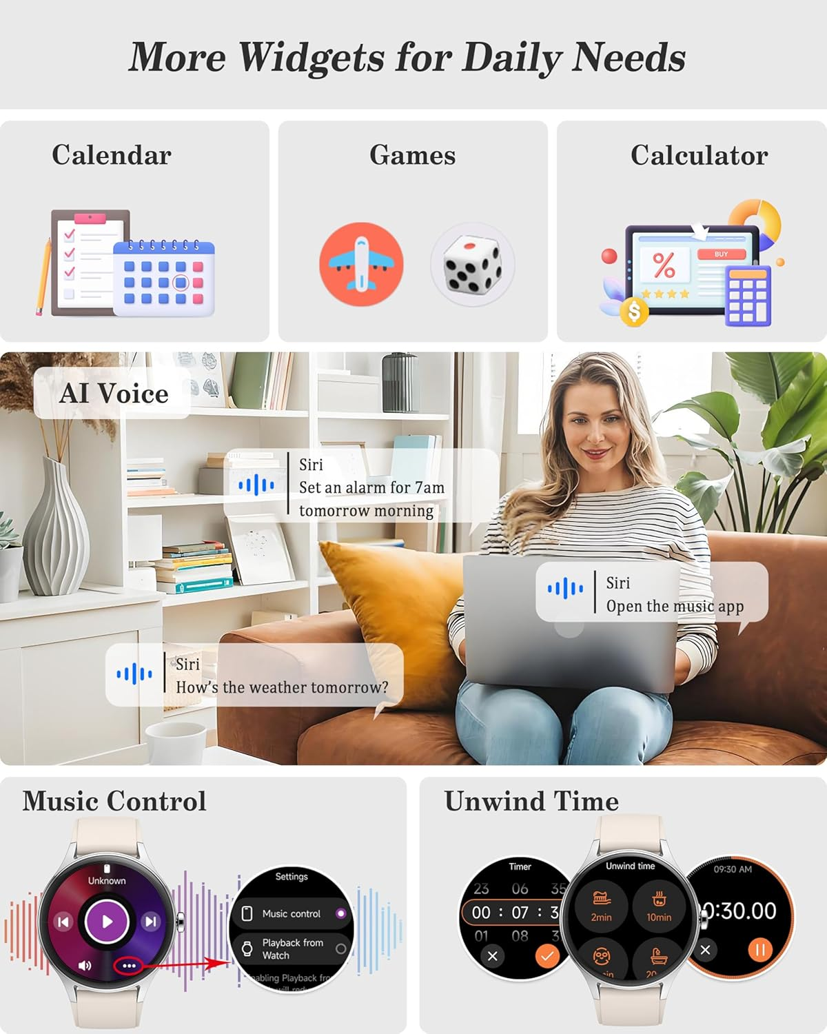 Smart Watch, 41Mm Fitness Tracker Watch, Answer/Make Calls, 1.27&rsquo;&rsquo; Digital Smartwatch with AI Voice, IP68 Waterproof Watch Calculator, Calendar, Games for Ladies, Women & Men - White image number 2