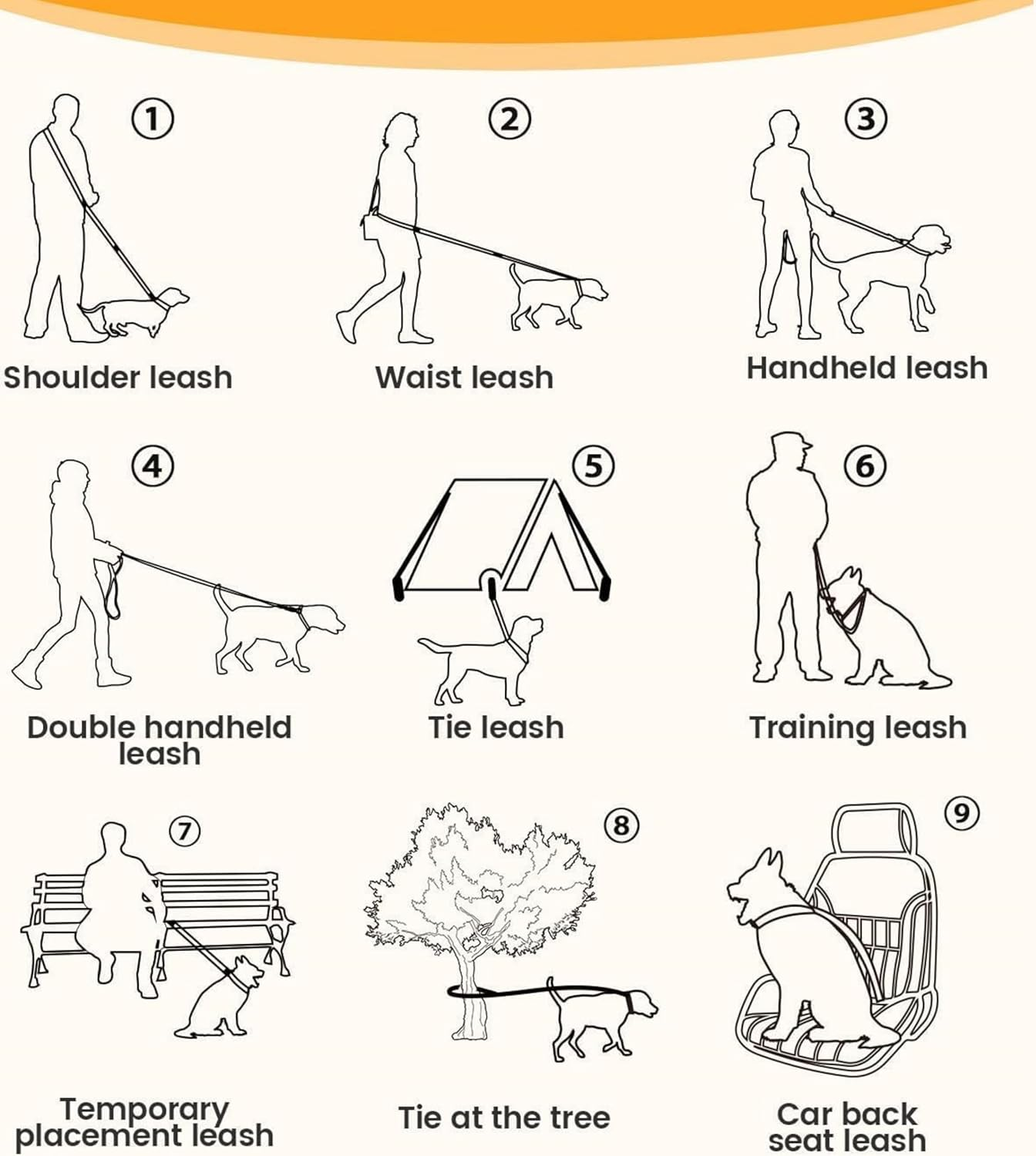 Kawlxpp Hands-Free Retractable Bungee Dog Leash 140&ndash;195 Cm Dual Padded Handles 360&deg; Swivel Clip Reflective Seat-Belt Buckle Waist & Handheld for Medium & Large Dogs (Black) - Black image number 5