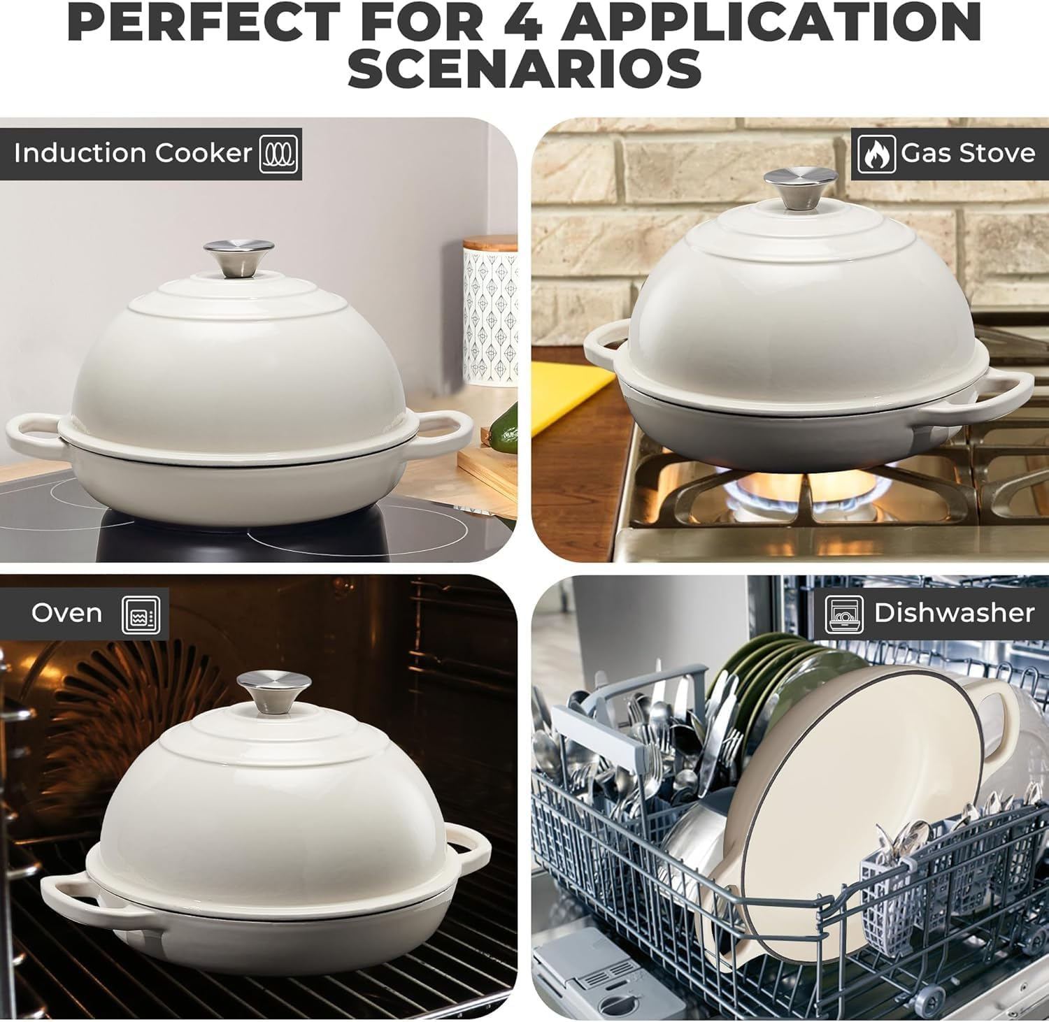 Dutch Oven for Sourdough Bread Baking, Enameled Cast Iron Dutch Oven Pot with Lid, Dome-Shaped Bread Dutch Ovens, 6 Qt, White image number 2