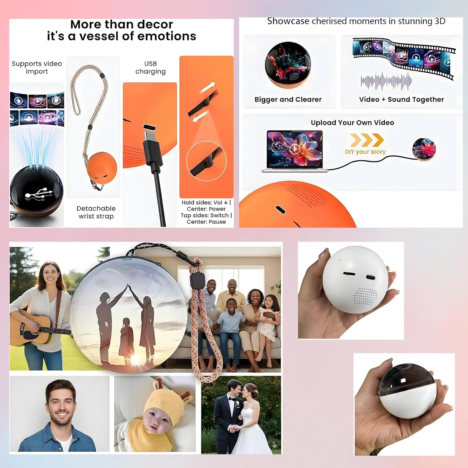 3D Memory Orb Ball Video Player - Upload Videos & Photos, 70Mm Crystal Sphere with 3D Effect, Rechargeable Digital Display for Anniversary, Birthday Gift (White) image number 6