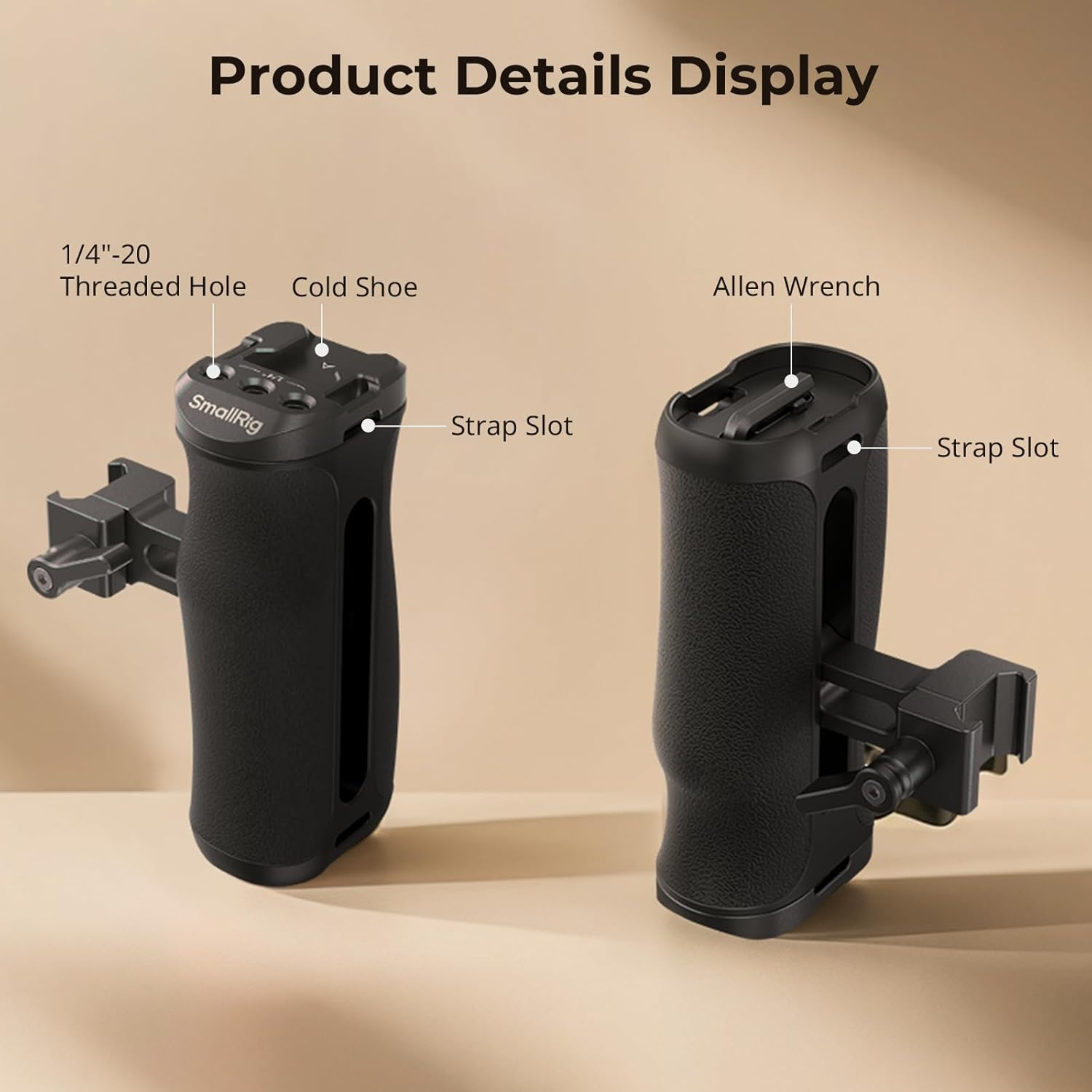 Smallrig Mini NATO Side Handle for Camera Cages, Universal Ergonomic Side Handgrip, 43Mm Up/Down Adjustable, Bulit-In 1/4"-20 Threaded Hole, Strap Hole, Cold Shoe - 4840 image number 3