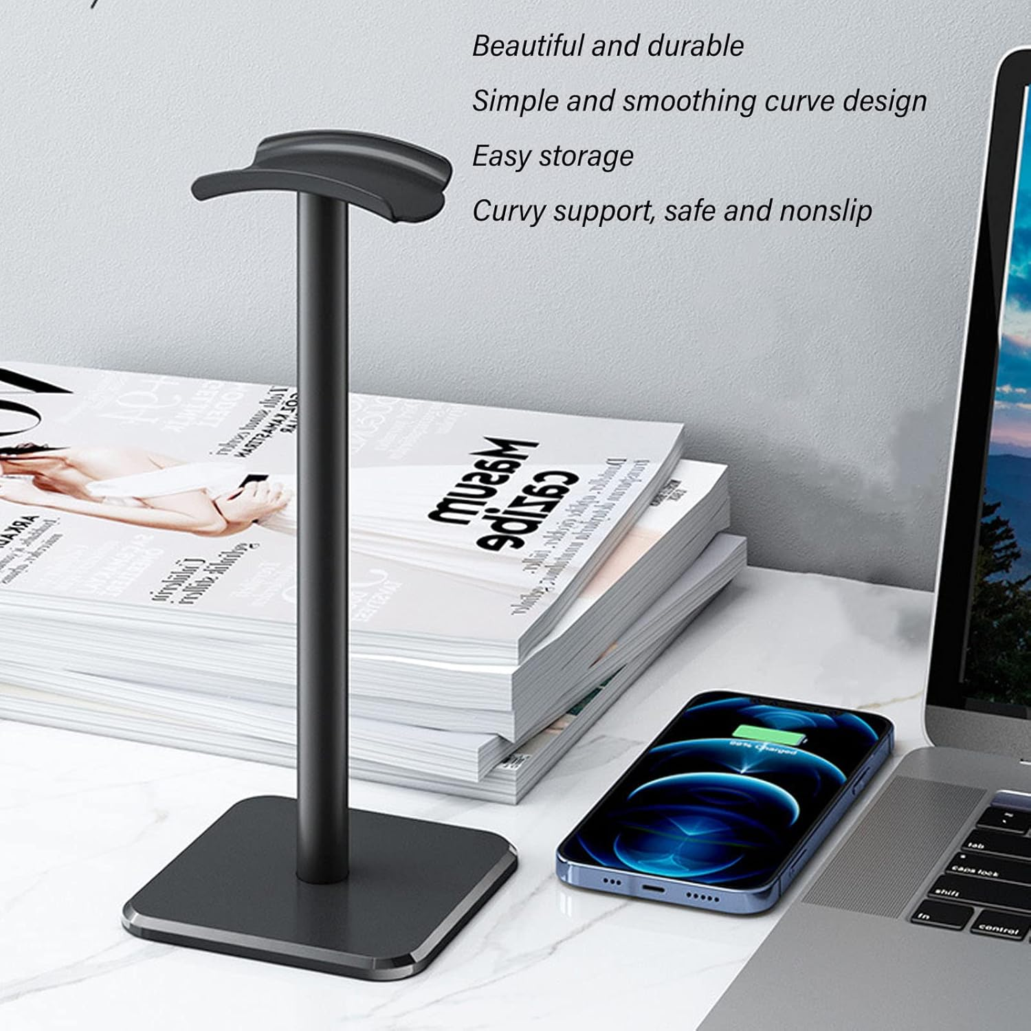Headphone Stand, Universal Gaming Headset Holder with Aluminum Supporting Bar Non Slip Base Earphone Stand for All Headphone Sizes, for Home Gaming Office Earphone Accessories (Black) - White image number 5