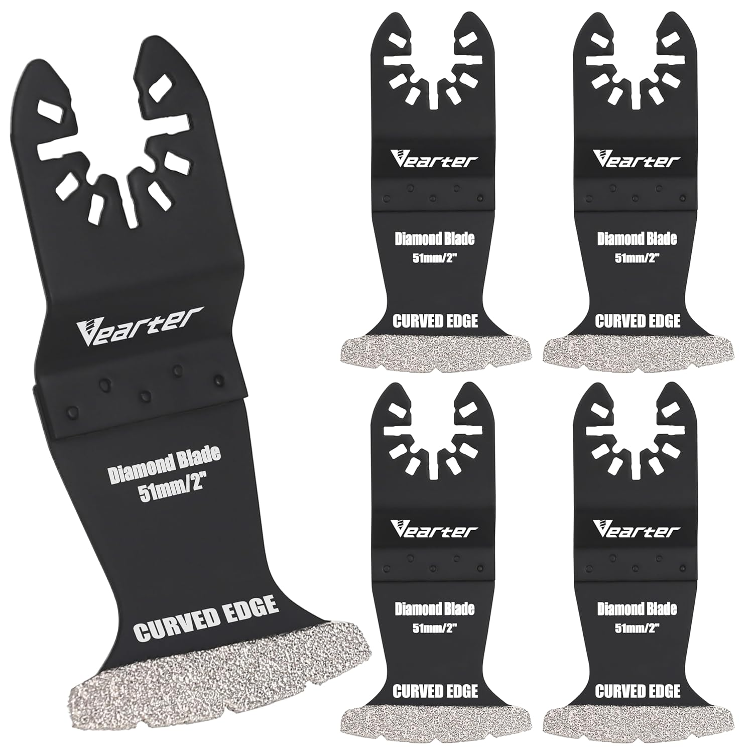 Vearter 5PCS Diamond Oscillating Saw Blades, 51Mm Universal Multitool Blades for Grit Grout Removal, Quick Release Curved Edge Multi Tool Kit for Tile, Air Brick, Cement, Concrete, Masonry image number 1