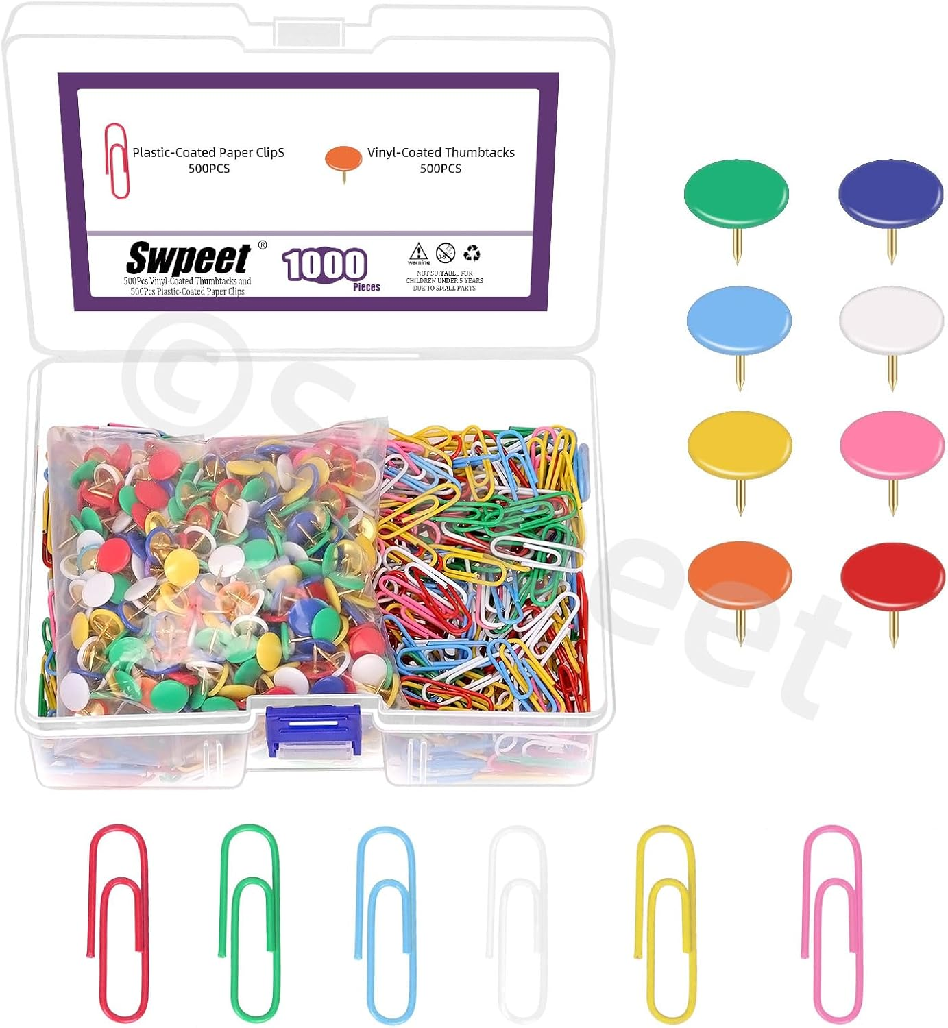 Swpeet 1000Pcs Coloured Vinyl-Coated Flat Thumb Tacks with Paper Clips Assortment Kit, round Head Push Pins Colored Paper Clips for Office School Home image number 4