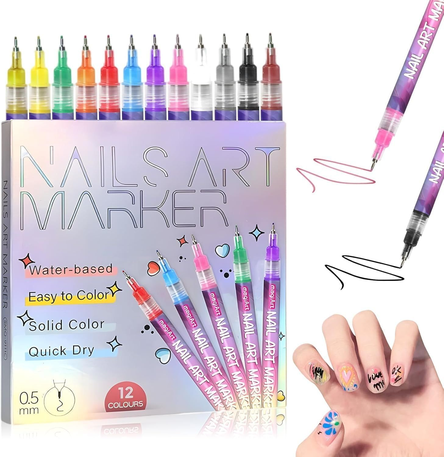 12 Colors Nail Art Pens Set, 3D Quick-Dry 0.5MM Nail Polish Pens, 2025 DIY Nail Art Marker Dotting Pen for Nails Art Design Manicure Nail DIY Decoration