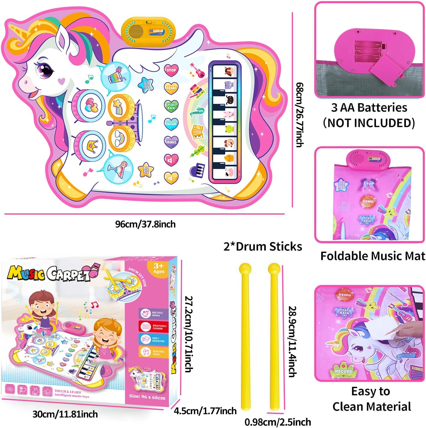 Musical Toys, Kids Musical Instruments - Piano Keyboard & Drum Mat, Piano Mat for Kids Music Sensory Toys, Early Educational Learning Musical Toy, Christmas Birthday Gift Unicorn XL image number 4