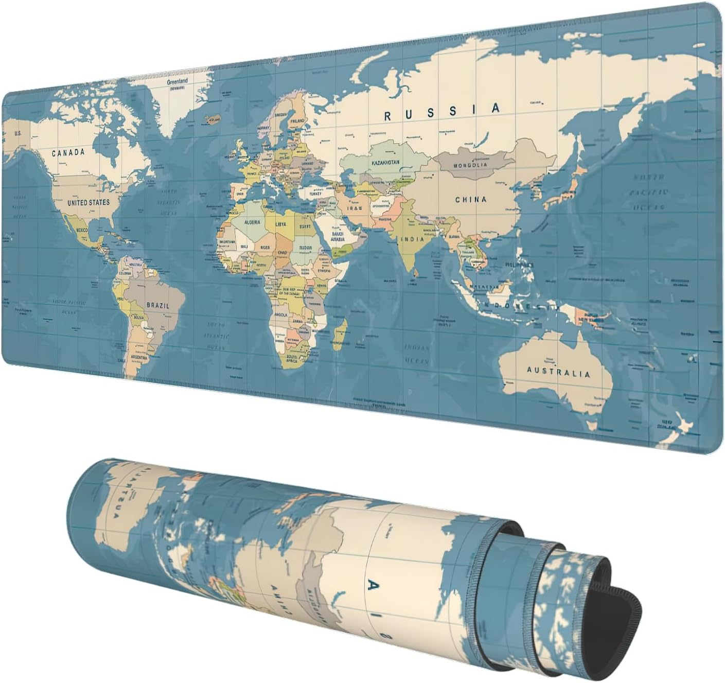 Desk Mat, Blue Vintage World Map Extended Gaming Mouse Pad Large, 35.4"X15.7" Big Mouse Pad with Non-Slip Base and Stitched Edge, Long Computer Keyboard Mouse Mat for Home Office Work