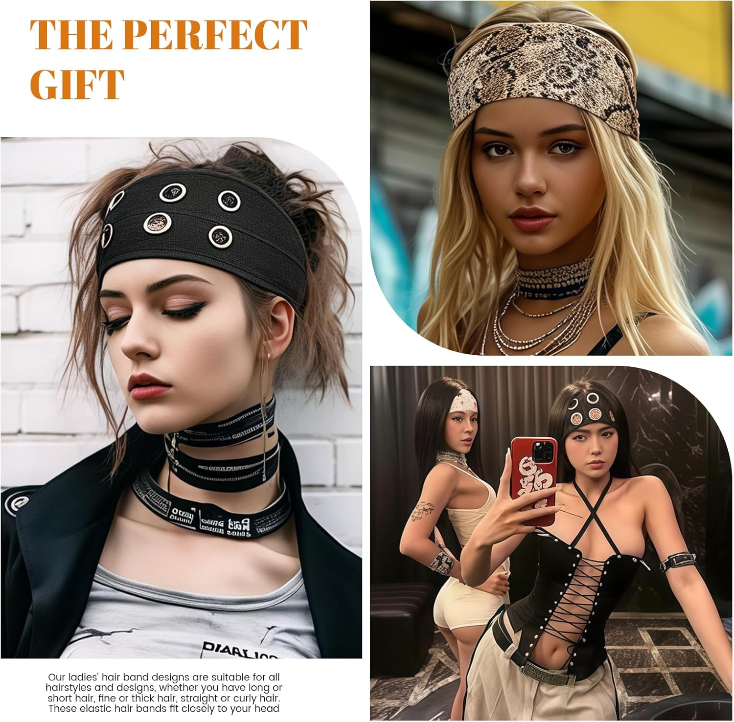 Vesavifaka 3 PCS Fashion Grommet Wide Headbands for Women, Hollow Out Eyelets Elastic Head Bands, Y2K Girls Punk Grunge Stretchy Hair Accessory (Black, Snakeskin, Leopard, 3.9" Wide) image number 5