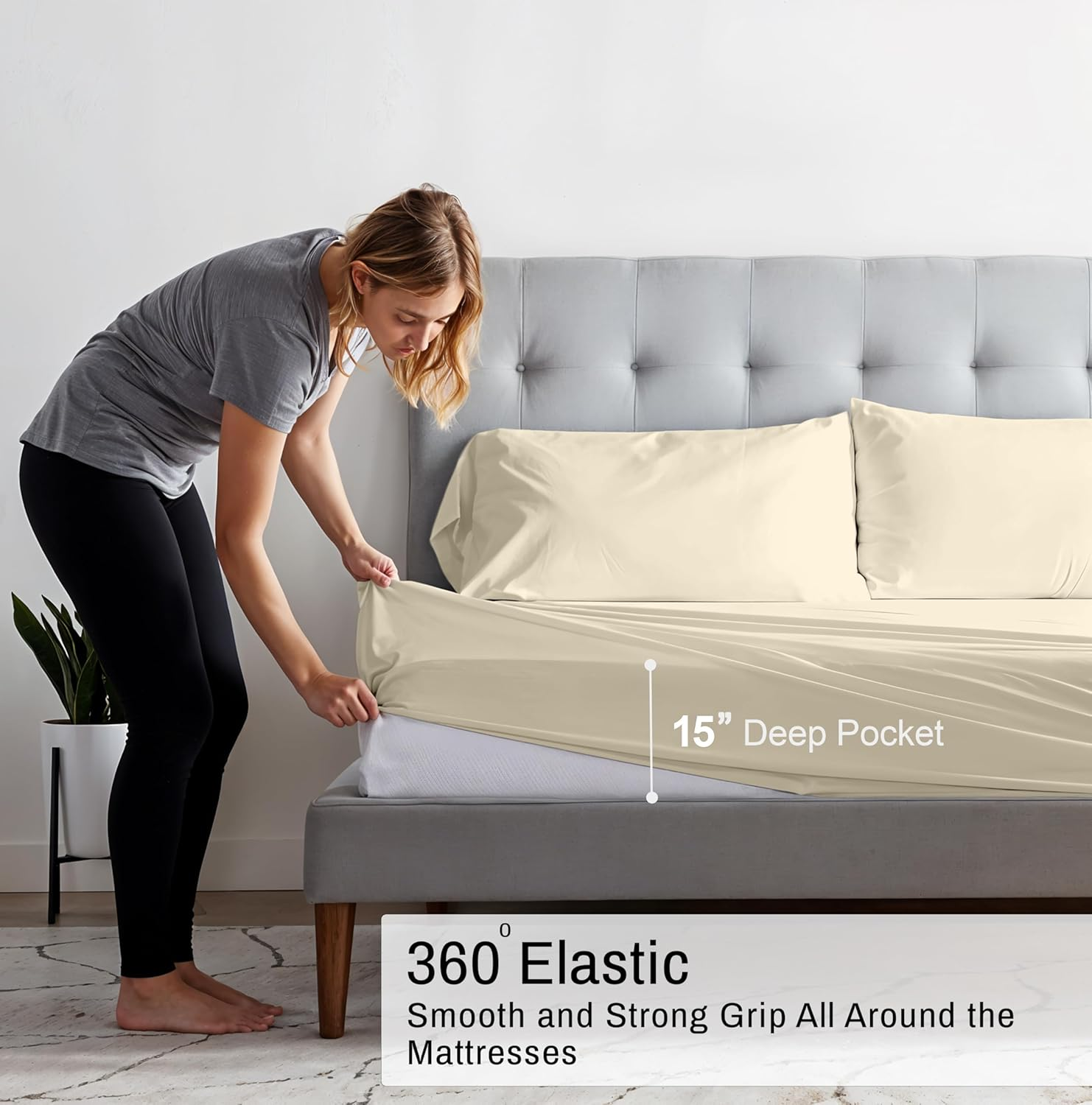 RUVANTI 100% Organic Cotton Sheets Queen Size, Percale Weave, GOTS Certified, 4-Piece Set, Deep Pocket 15", Crisp & Breathable, Soft Durable Bedding, S&aacute;banas Algod&oacute;n Org&aacute;nico &ndash; Cloud Cream image number 5