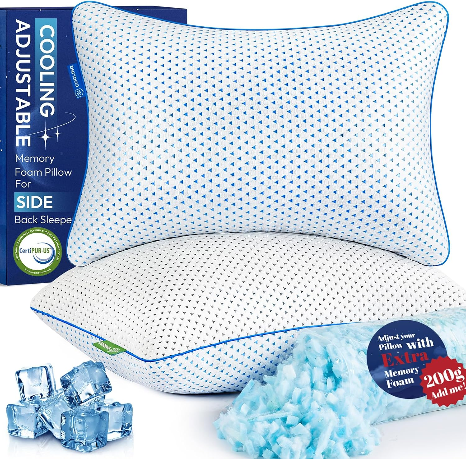 Cooling Gel Memory Foam Pillows Queen Size Set of 2 for Sleeping,Bamboo Rayon Adjustable Firm Shredded Foam Bed Pillows 2 Pack for Side, Back, Stomach Sleepers Luxury Washable Breathable Pillowcase