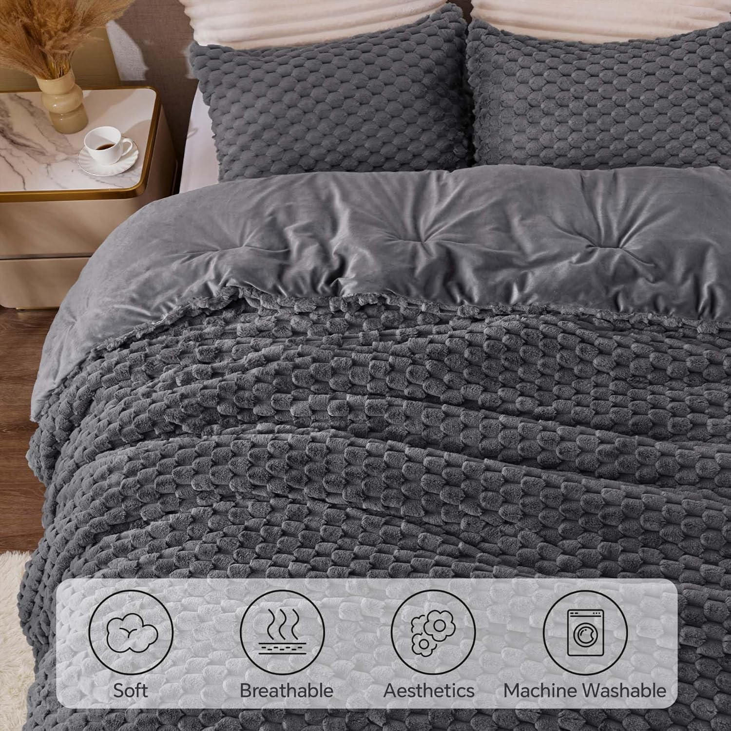 BEDELITE Fluffy Queen Comforter Set - Grey Fleece Soft Comforter for Queen Size Bed, Luxury Warm Bedding Set for Winter, Fuzzy Bed Set 3 Pieces (1 Comforter, 2 Pillowcases) image number 6
