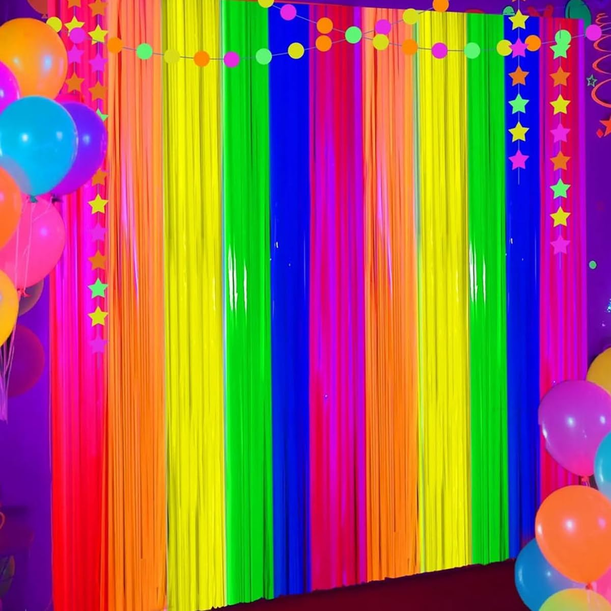 3Pack Matching Foil Fringe Curtain Backdrop Glow in the Dark Party Supplies Fluorescent Macaron Tassel Curtain Photo Booth Props Background Streamers Party Decoration image number 6