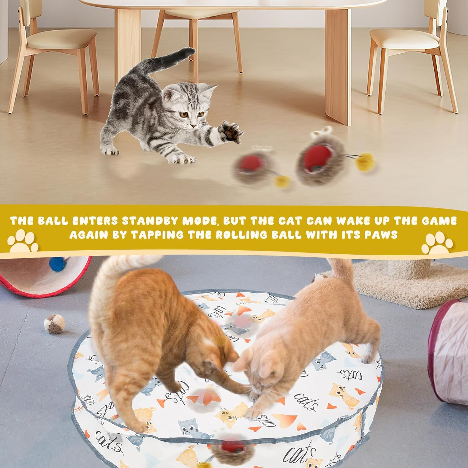 Interactive Cat Toy, Interactive Hunting Cat Toy Fun Simulated Cat Hunting Toy Reusable Fast Rolling Ball in Play Mat Portable Cat Toy Ball under Cover Interactive Cat Toy Ball for Indoor Cats