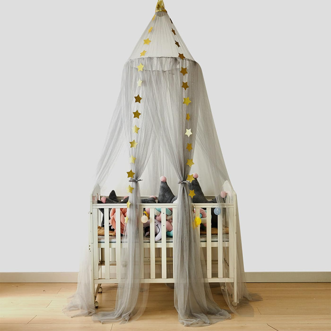 Crown Bed Canopy Mosquito Net with round Dome, Curtain Court Canopy with Stars Decor for Baby Crib, Kid Bed, Play Tent, Children Reading Nook Canopies Indoor, Hanging Bed Net Decoration (Grey)