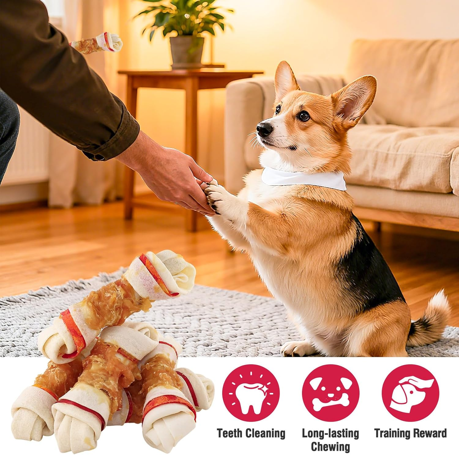 Dog Treats Chicken Wrapped Rawhide Bones,Long Lasting Chicken Wrap Knotted Bones Dog Chews 4.5"，Digestion-Friendly Training Treats for Middle Large Dogs(200G)