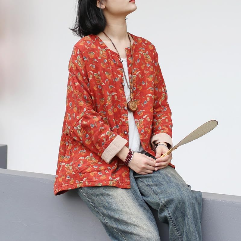 Women'S Vintage Batwing Sleeve Frog Button Jacket Loose round Neck Cotton Linen Ethnic Style Top Orange image number 1
