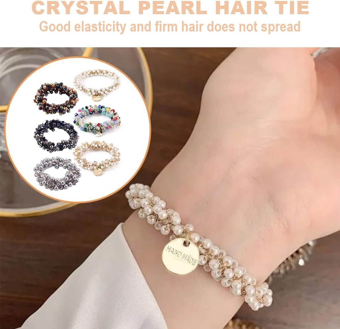 Bangbobi - Set of 6 Crystal Scrunchies - Women'S Hair Scrunchies with Beads - Elastic Hair Band - Hair Accessories for Women and Girls - Scrunchies Pearls Rhinestone - Suitable for Any Occasion image number 1
