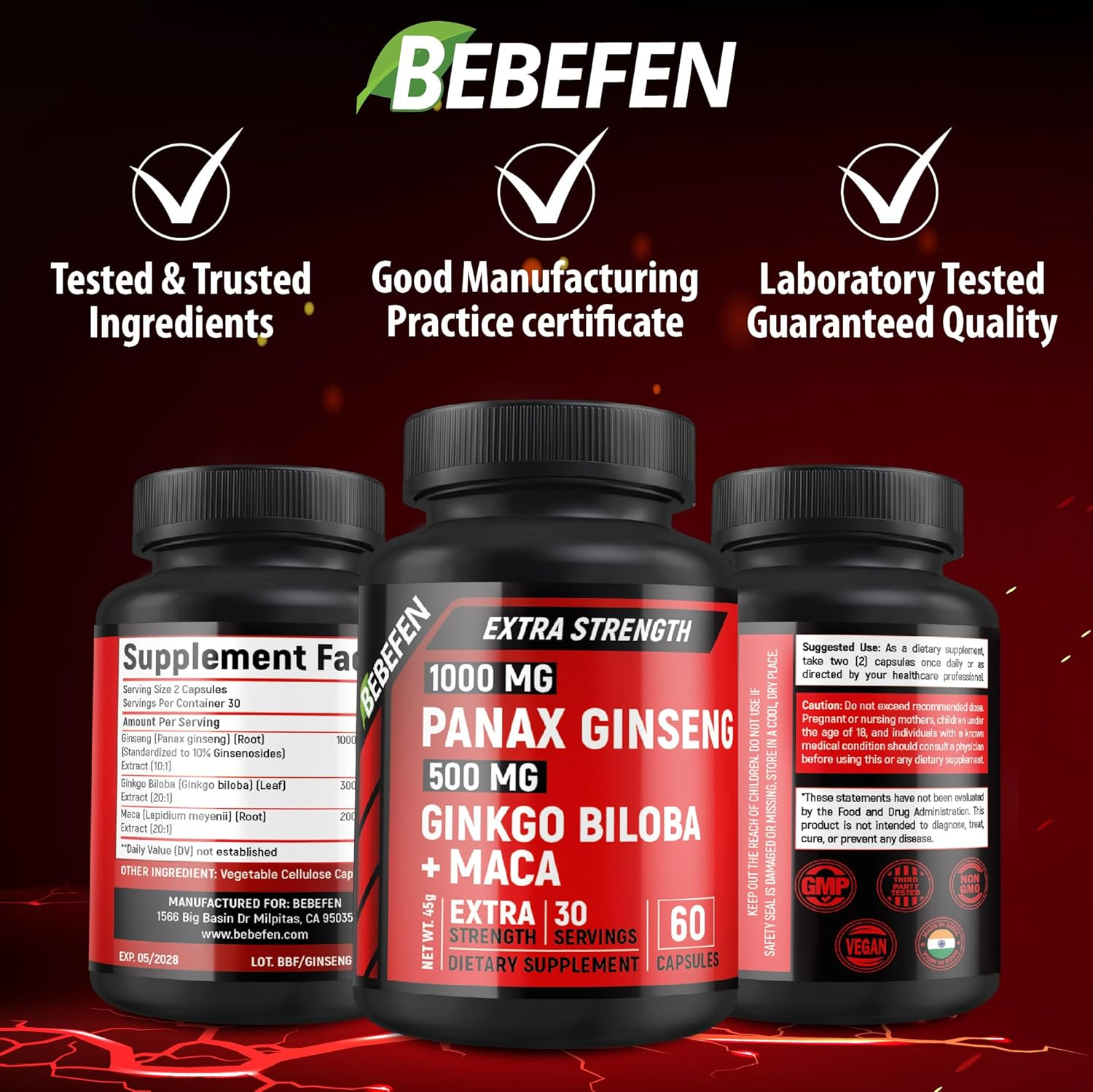 Panax Ginseng & Ginkgo Biloba Supplement - Red Korean Ginseng, Ginkgo Biloba Capsules, and Maca for Men & Women - Vegan Pills - 60 Count image number 2