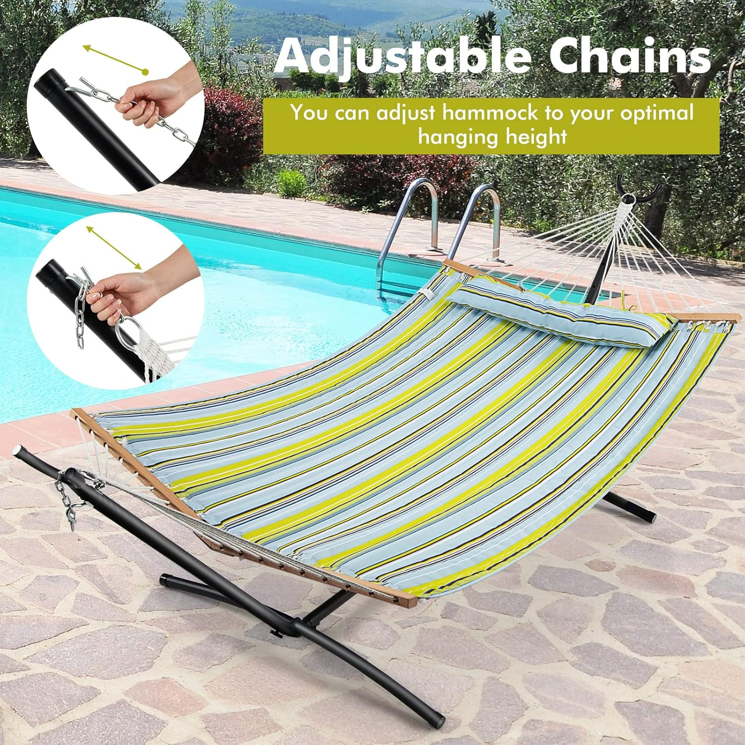 Costway Portable Hammock W/Spreader Bars & Detachable Pillow, Quick Dry & Water Proof Material, Hand Woven Cotton Rope, Outdoor Indoor Hammock for Patio, Poolside, Garden, Backyard image number 1
