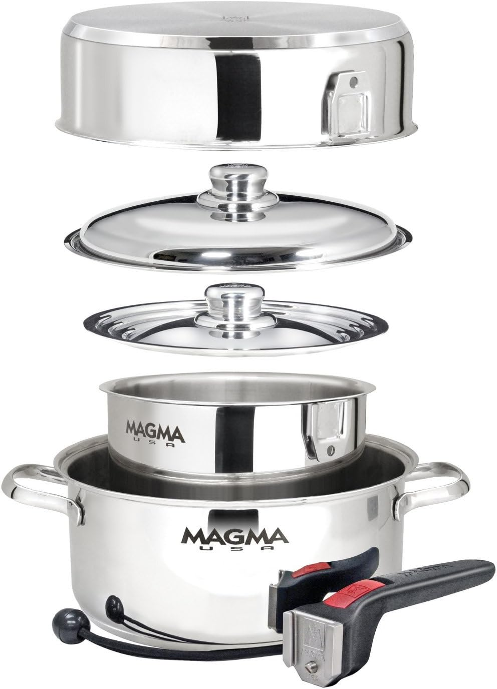Magma 7 Piece Gourmet Nesting Stainless Steel Cookware Set with Ceramica Non-Stick, Induction Compatible, Oven Safe to 500&deg;F - Suitable for All Stovetops, Removable Handles, Stainless Steel image number 5