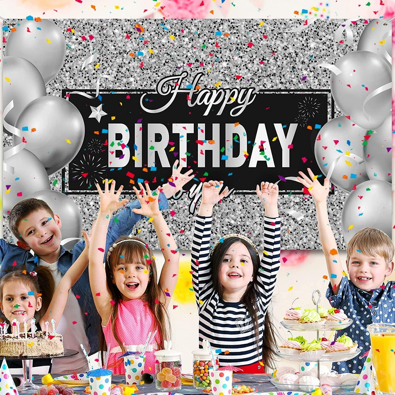 Silver Happy Birthday Banner Backdrop Silver Birthday Party Decorations Black White Balloons Happy Birthday Background Photo Photography Banner for Men Women Birthday Supplies, 72.8 X 43.3 Inch image number 2
