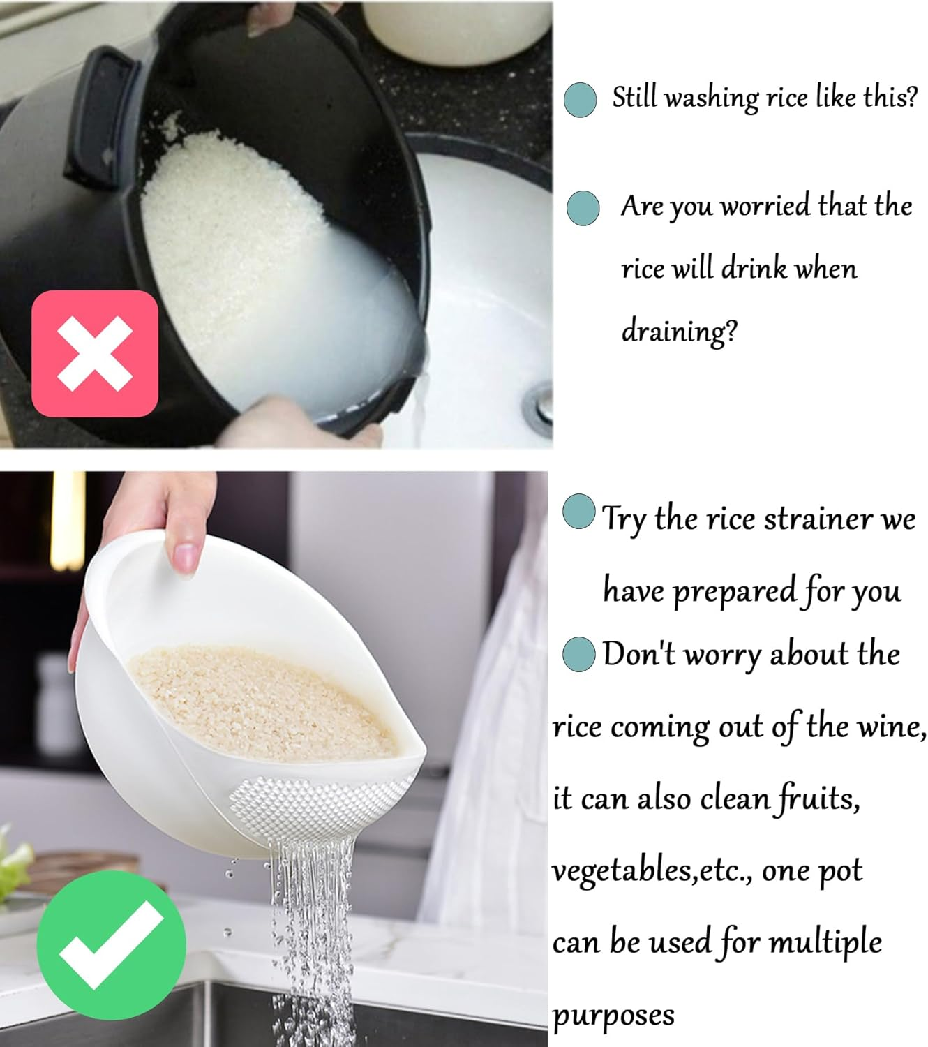 2-In-1 Rice Colander, Vegetable and Fruit Cleaning Filter Basket, 2Piece Sturdy and Easy-To-Use Food Grade Kitchen Tool Accessories (Blue+Green) - Blue+Green image number 4