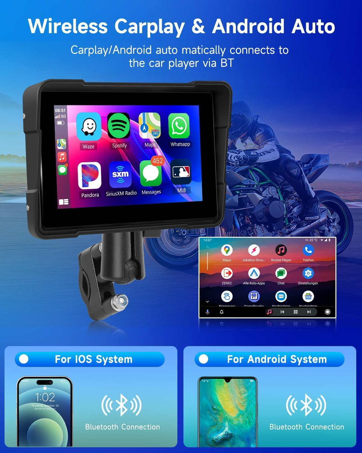 Rimoody Portable Motorcycle Carplay Screen, Portable Wireless Carplay Android Auto Car Stereo for Motorbike, 5" Waterproof Touchscreen, Dual Bluetooth, Navigation/Siri image number 6