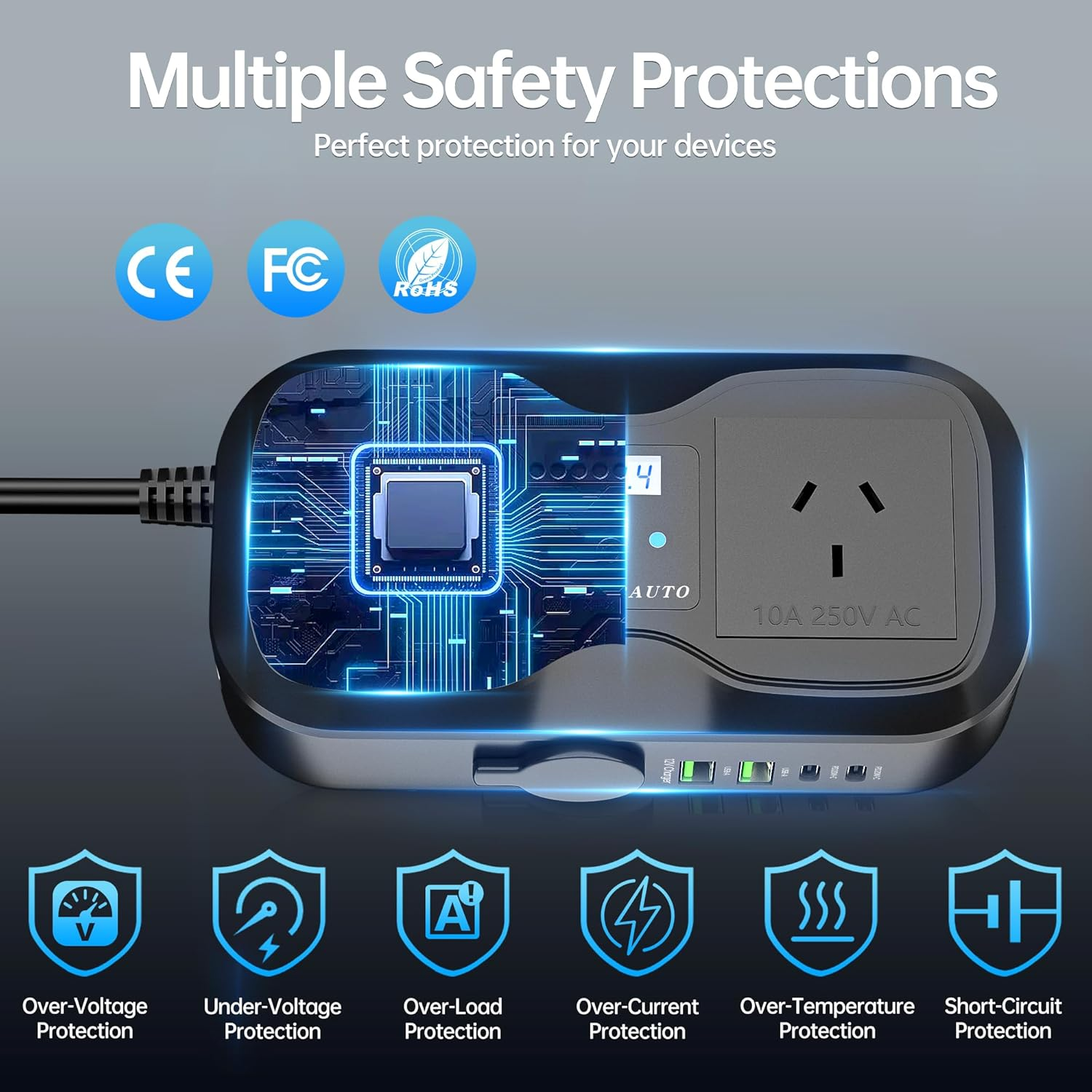 AUCARAUTO 200W Car Power Inverter, 7 in 1 Fast Charging Car Charger, DC 12V to 240V AC Car Plug Adapter Outlet with 10A Cigarette Lighter Splitter / 2 USB-A (18W) & Type-C Ports (20W) for Car Devices image number 3