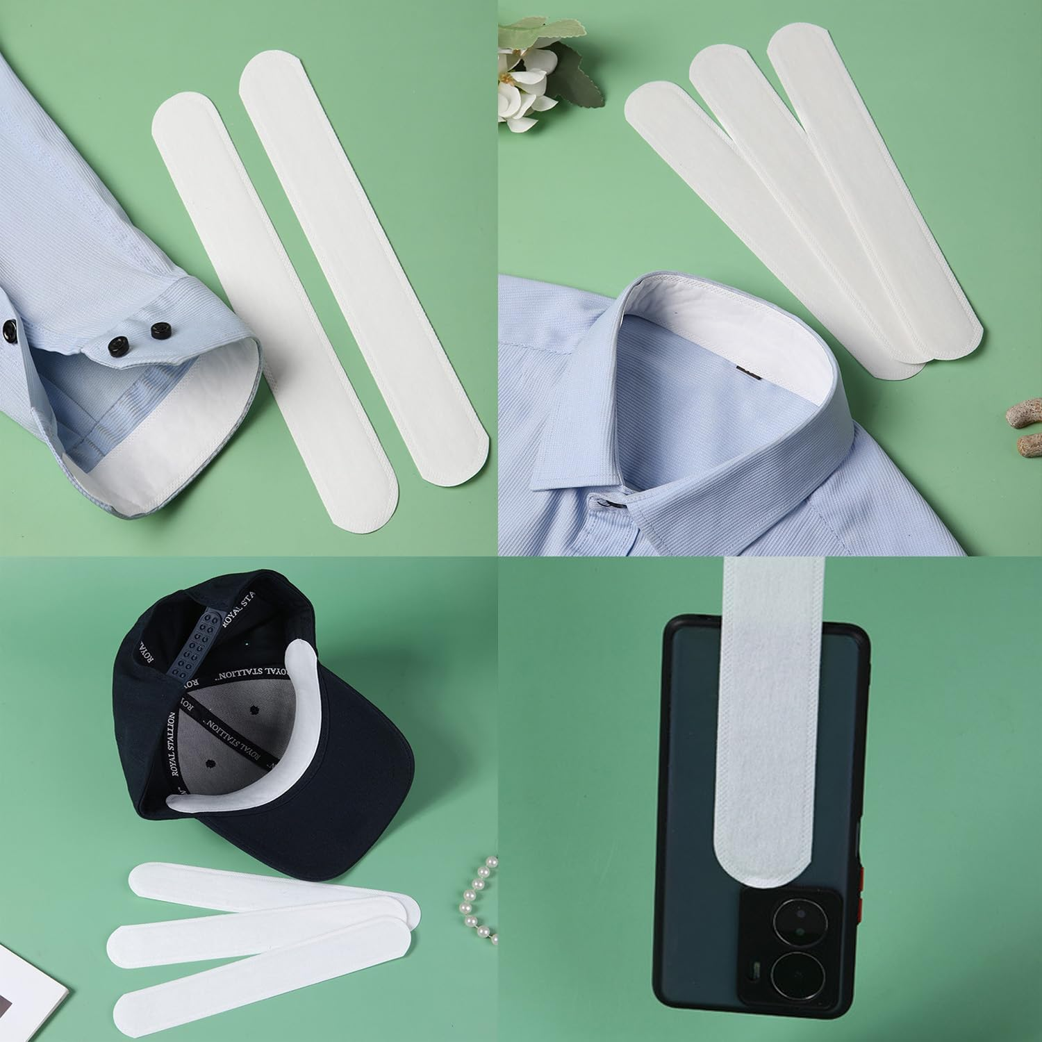 Arrerr 50 Pack Disposable Collar Protector Sweat Pads Sticker Self-Adhesive Grime Side Lining Stand Sticky Neck Liner for Hats Shirt Cuff Men Women Dress Shirts Hats Summer image number 1