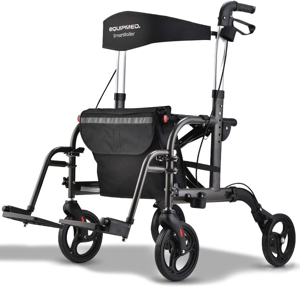 "Equipmed 2In1 Mobility Wheelchair & Rollator Walking Frame, Aluminium Foldable Walker Aid with Detachable Bag in Titanium Colour" image number 1