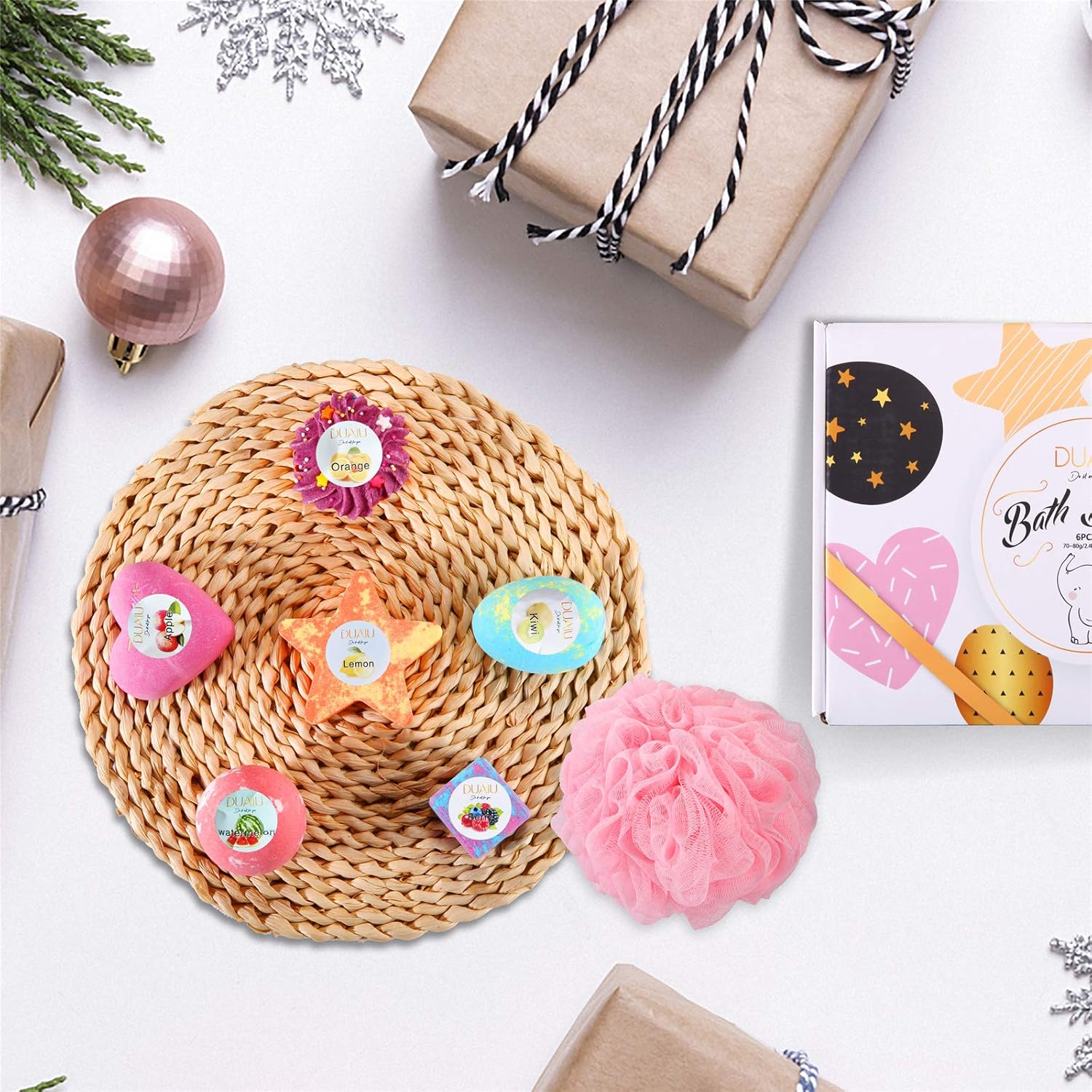 DUAIU 6Pcs Fizzy Bubble Bath Bombs for Kids & Women - Organic Natural Kids Bath Bomb Gift Set with Essential Oils, Fruit Fragrance and a Bathing Mesh Ball image number 2