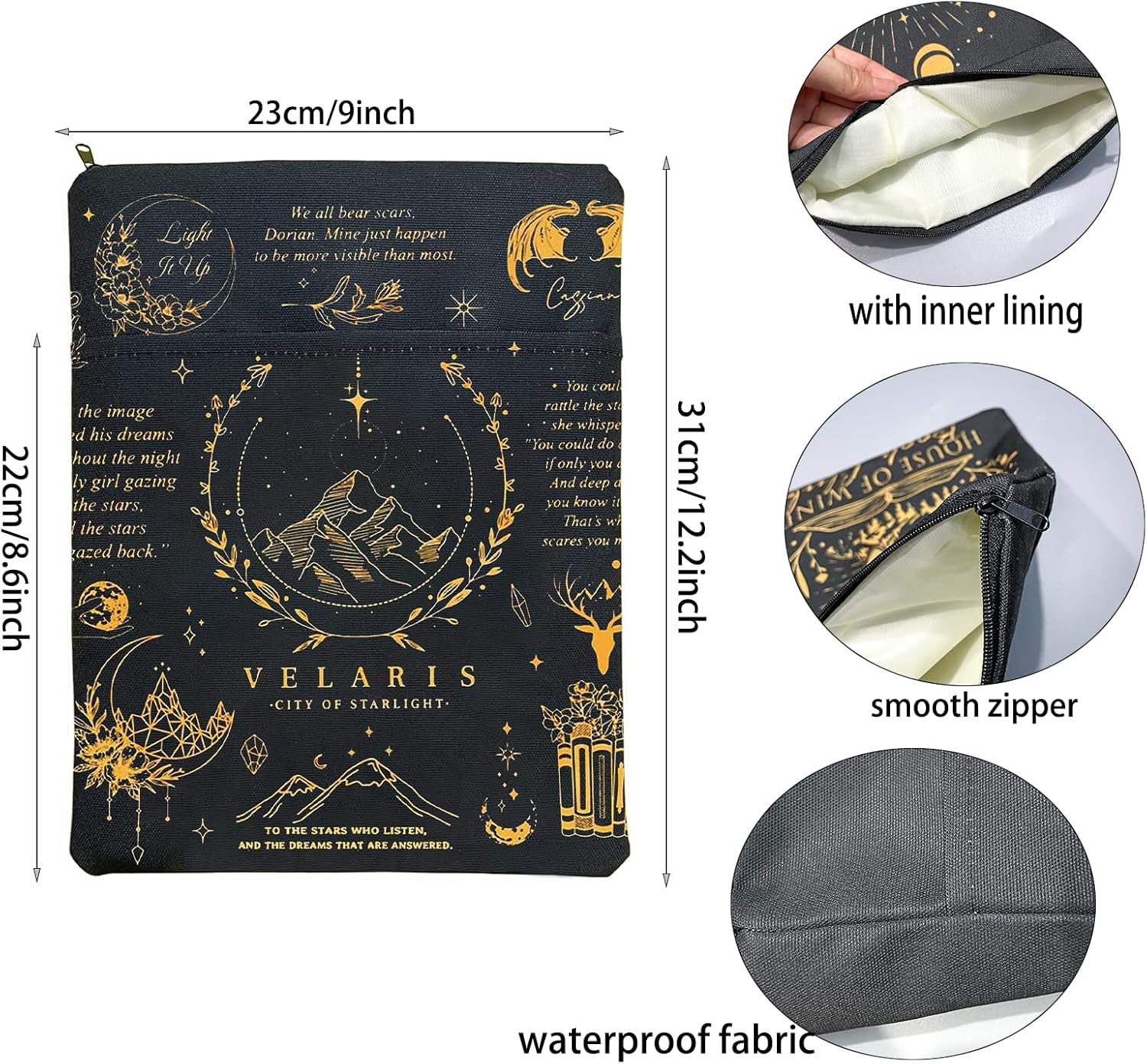 Velaris the City of Starlight Book Sleeve ACOTAR Inspired Book Covers (Velaris Black, Medium) - Velaris Black image number 4