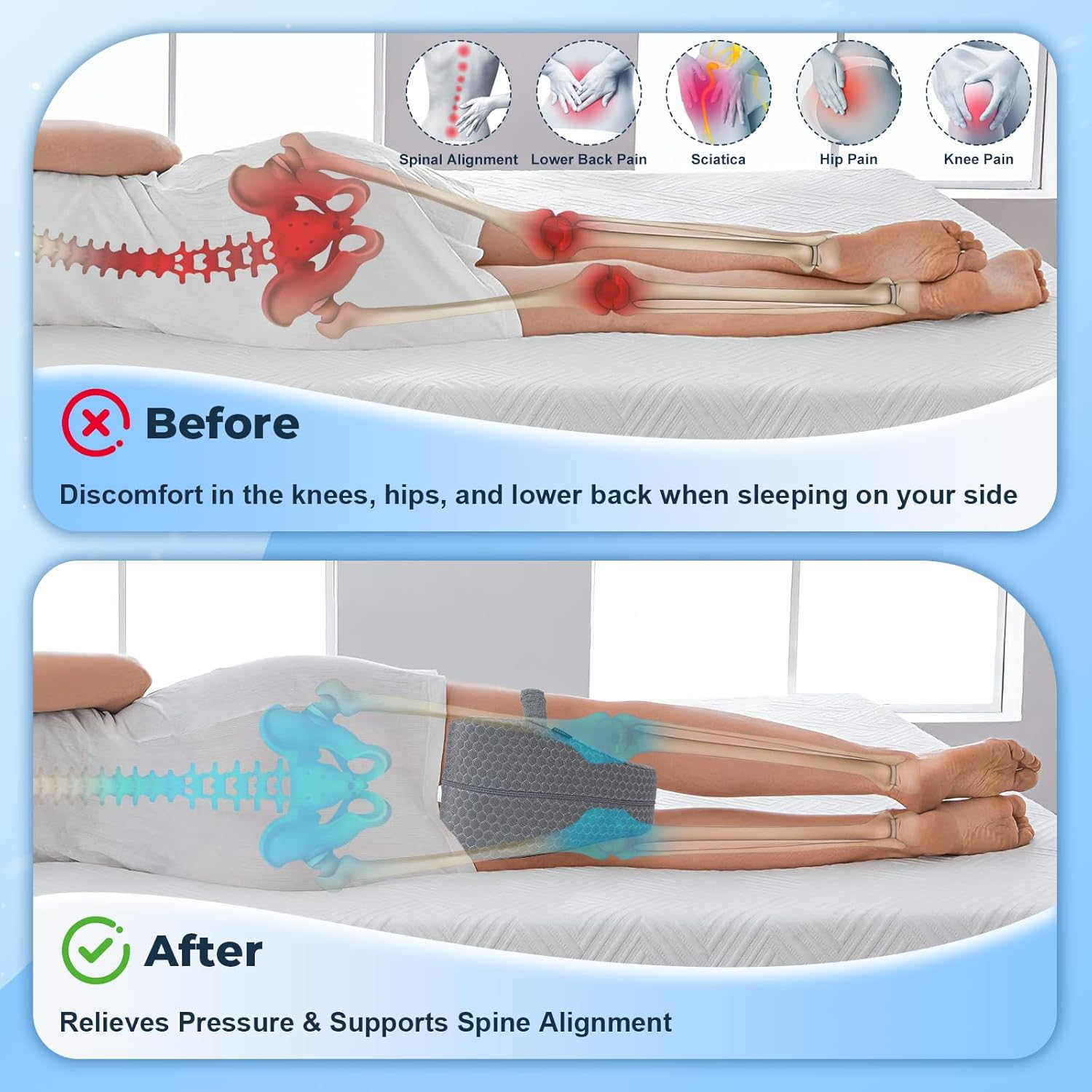 Knee Pillow, Soft Memory Foam Leg Pillows, Cool Ice Silk Hip Support Pillow for Side Sleeper, Body Pillow for Spine Alignment, Sciatica Relief, Post Injury Recovery - with Adjustable Strap (Grey) image number 3