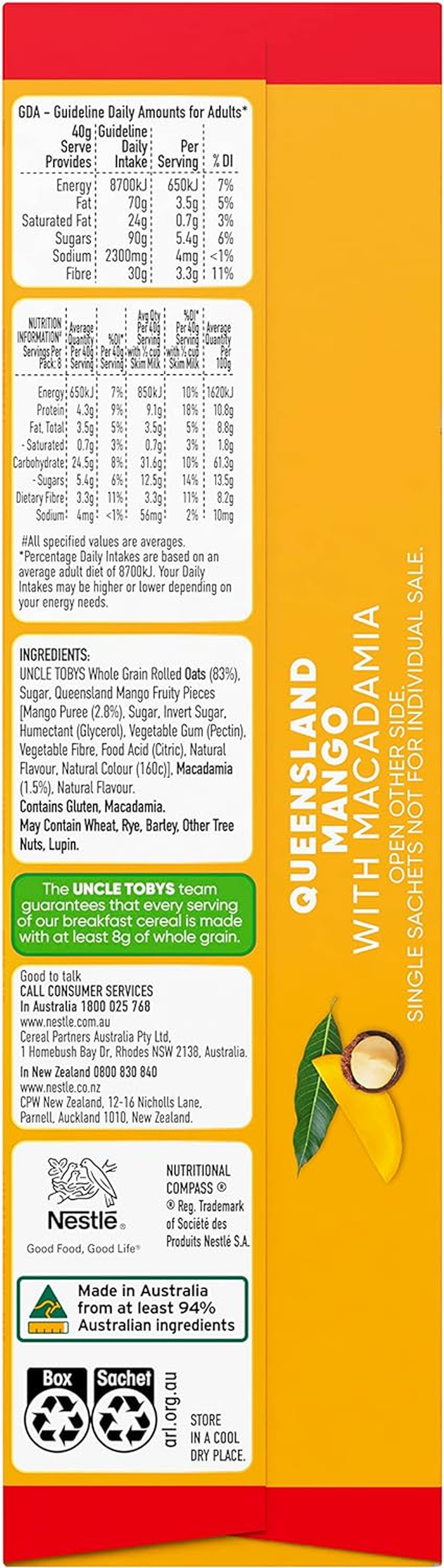 Uncle Tobys Oats Delicious Blends Porridge Mango & Macadamia 320G image number 2