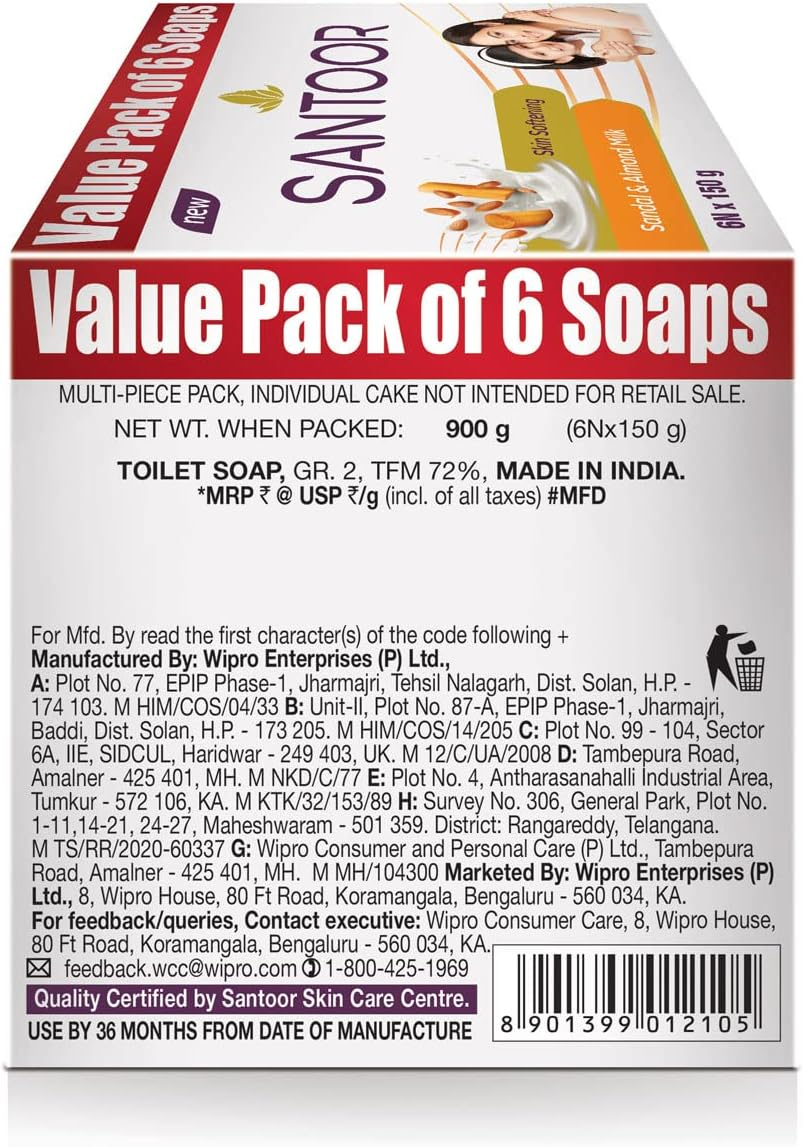 Santoor Sandalwood and Almond Milk Organic Soft Bath Soap for Softer, Smoother and Moisturised Skin, Combo Offer 150 G Pack of 6 image number 2
