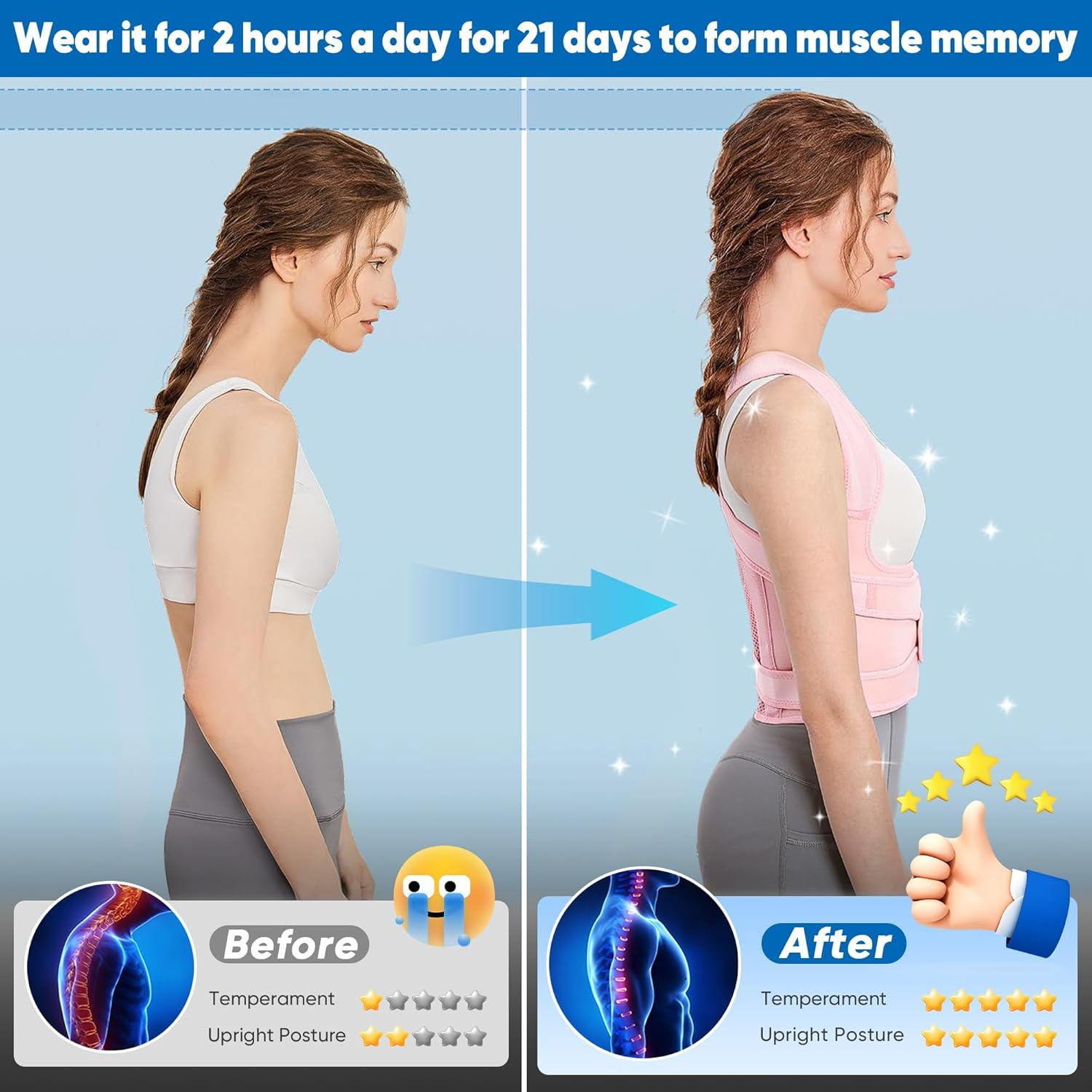 Posture Corrector for Women,Adjustable Shoulder Posture Brace for Upper and Lower Back Pain Relief, Back Straightener Posture, Back Support Hunchback Corrector Pink (Medium) image number 3