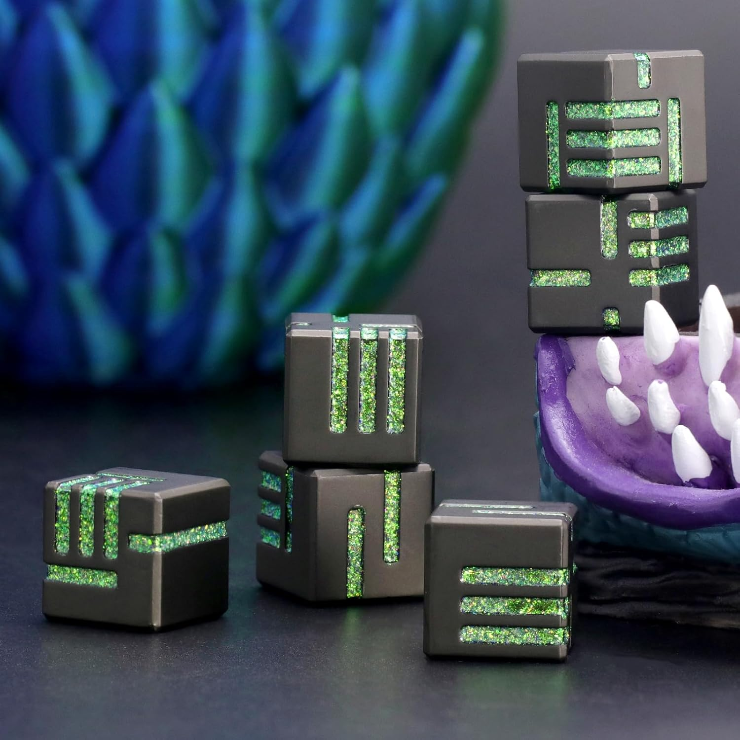 D6 Metal Dice Set 6 Pcs, Unique 6 Sided Die Great for DND Tabletop RPG Dungeons and Dragons Dice Collectors Gifts (D6 Black Green) - D6 Black Green image number 5