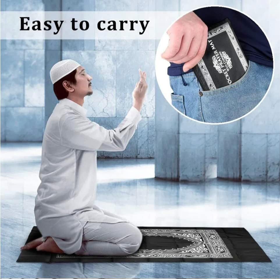 Portable Muslim Prayer Mat, Travel Prayer Mat with Compass, Pocket Sized Carry Bag, Qibla Finder Prayer Mat 60/100 Cm, Blue Color image number 4