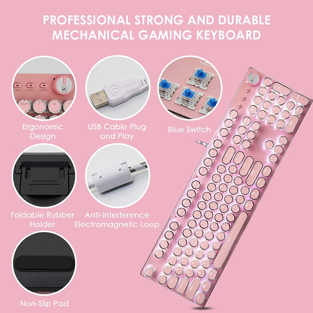 Gaming Keyboard and Mouse,Retro Steampunk Vintage Typewriter-Style Mechanical Keyboard with White LED Backlit,104-Key Anti-Ghosting Blue Switch Wired USB Metal Panel round Keycaps(Pink) - Black/White image number 3
