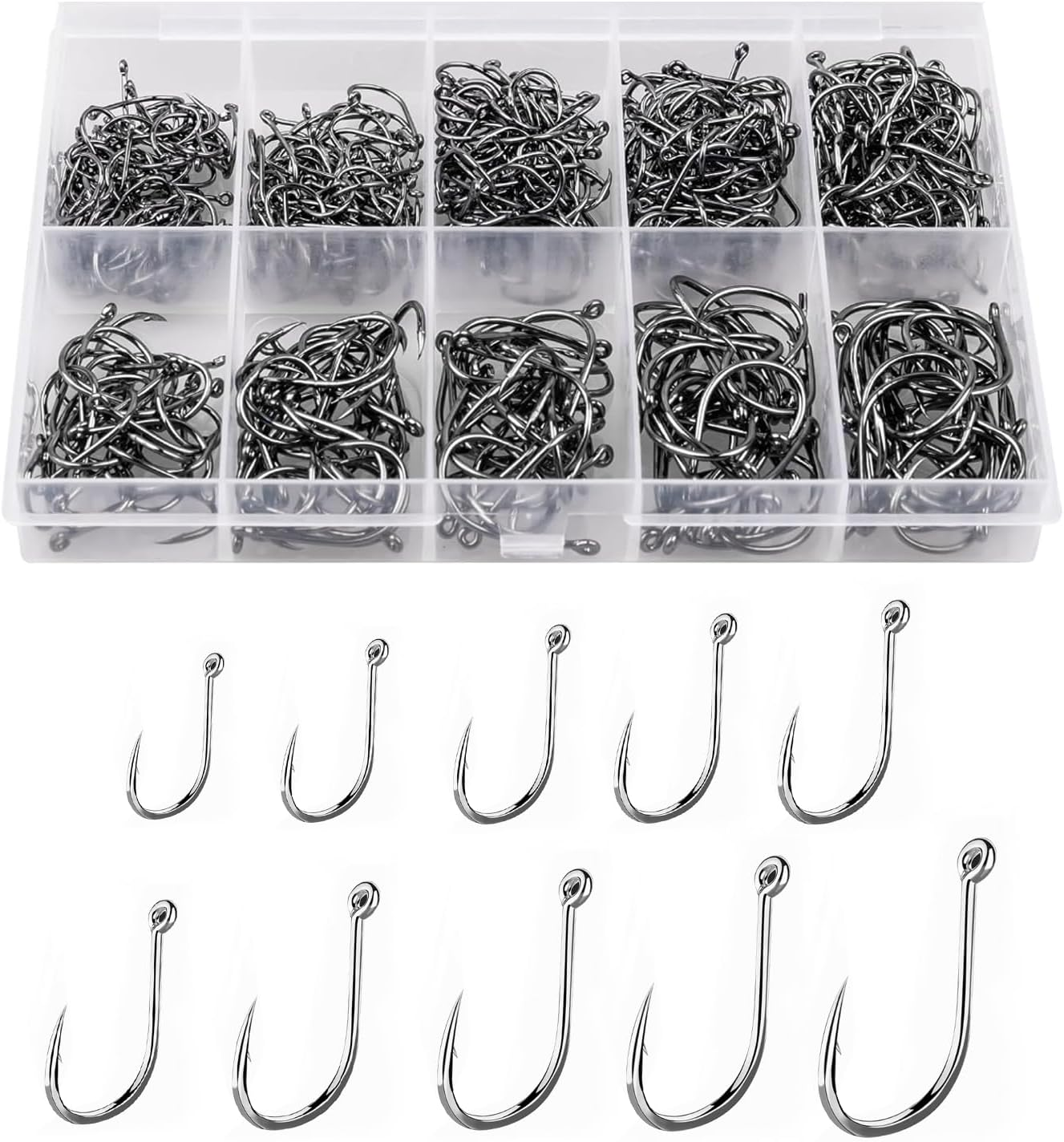 500 Pcs Fishing Hooks Set with Barbed, 10 Sizes High Carbon Steel Hooks for Freshwater & Saltwater with Portable Fishing Tackle Box, Fishing Accessories for Bass, Trout, Salmon, Catfish, Jigging image number 3